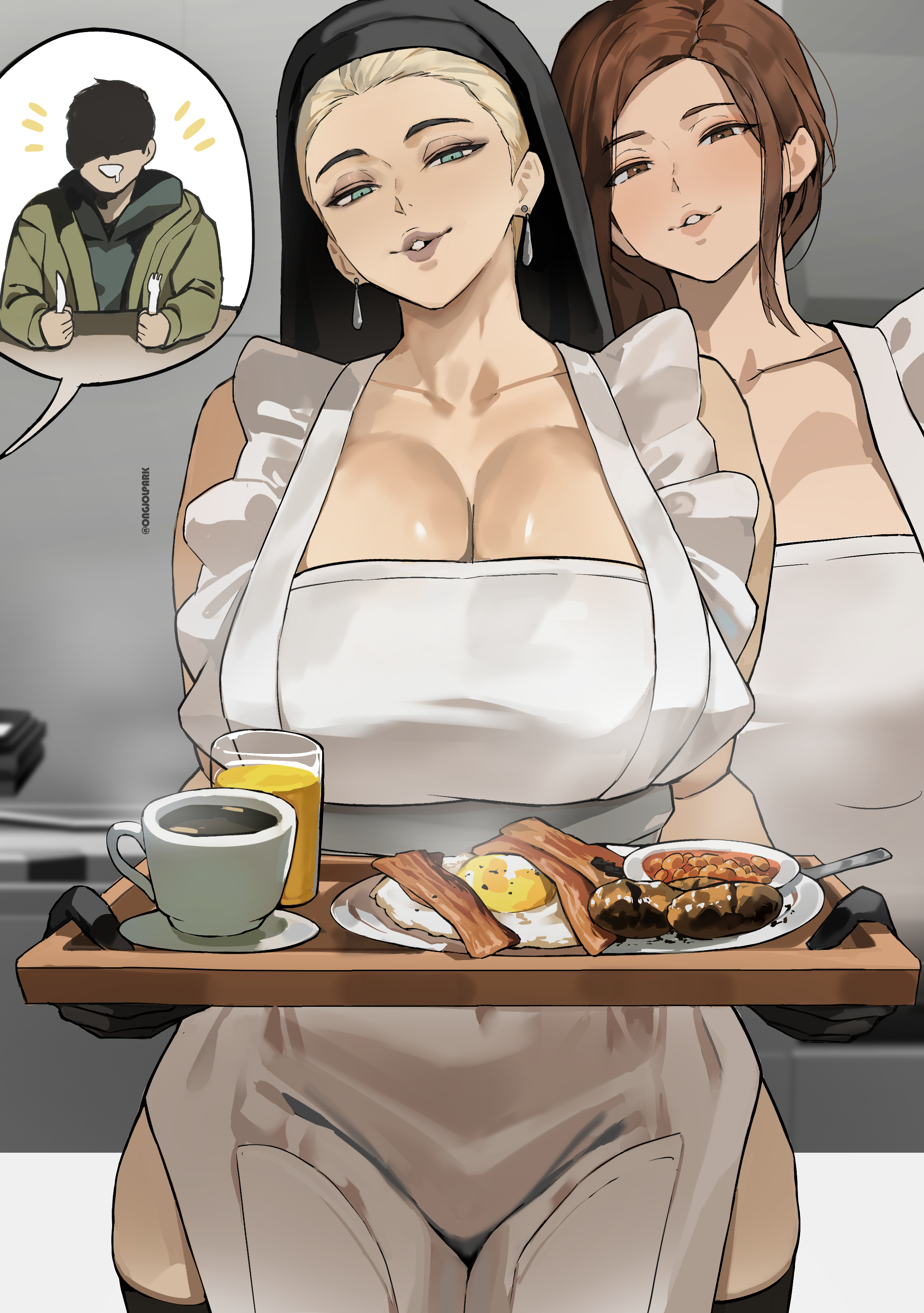 1boy, 2026, 2girls, apron, breasts, ethan winters, female, female focus, large breasts, light skin, light-skinned female, looking at viewer, male, mature female, mia winters, milf, mother miranda (resident evil), ongjolpark, resident evil, resident evil 8: village, thick thighs, thighs, wide hips