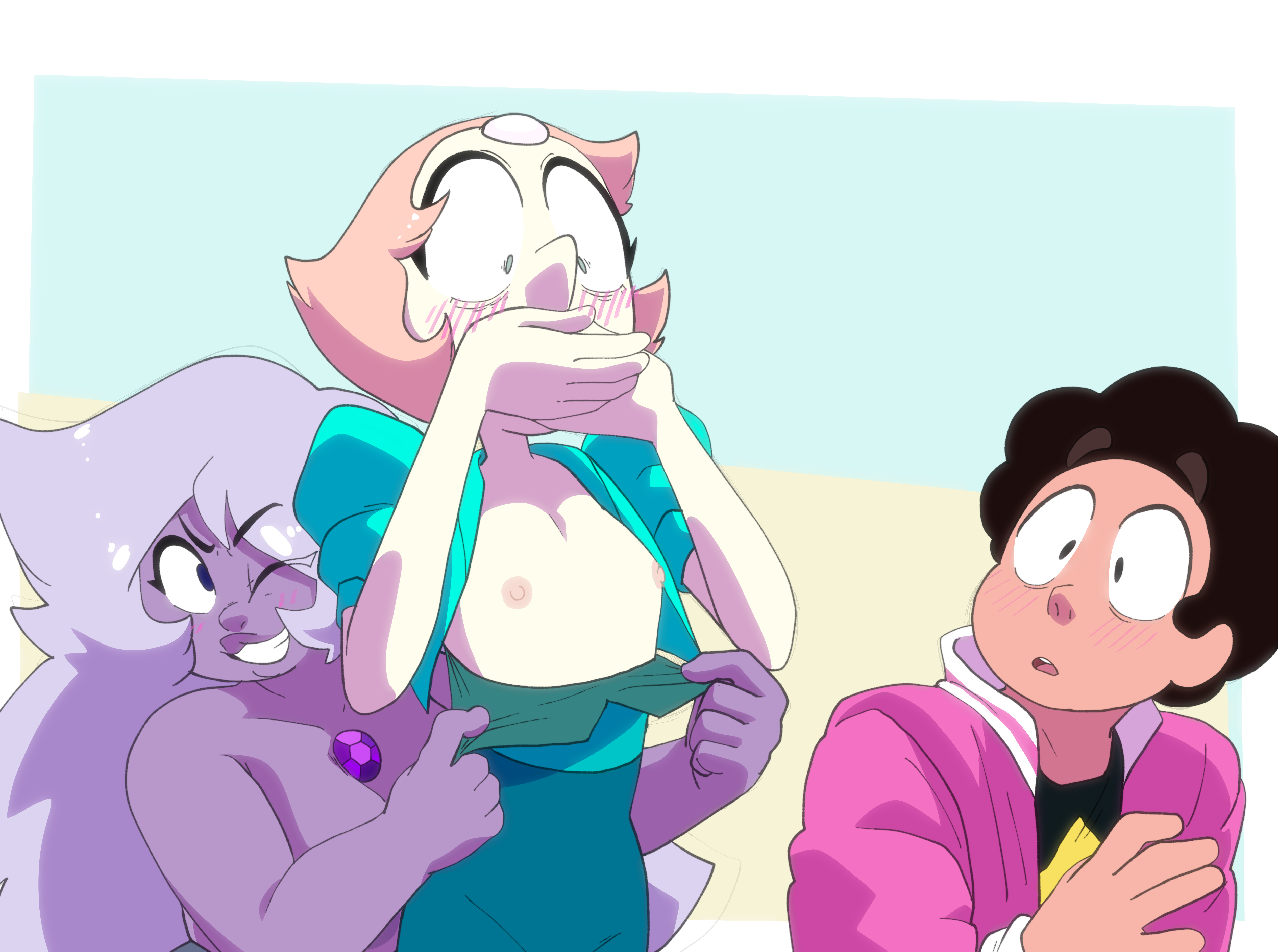 1boy, 2girls, amethyst (steven universe), assisted exposure, big breasts, blue eyes, blush, breasts, cartoon network, covering mouth, embarrassed, eyelashes, female, flat chest, flustered, gem (species), inker comics, inkershike, jacket, lavender hair, male, nipples, one eye closed, partially clothed, peach hair, pearl (steven universe), purple skin, shirt down, small breasts, steven quartz universe, steven universe, white skin