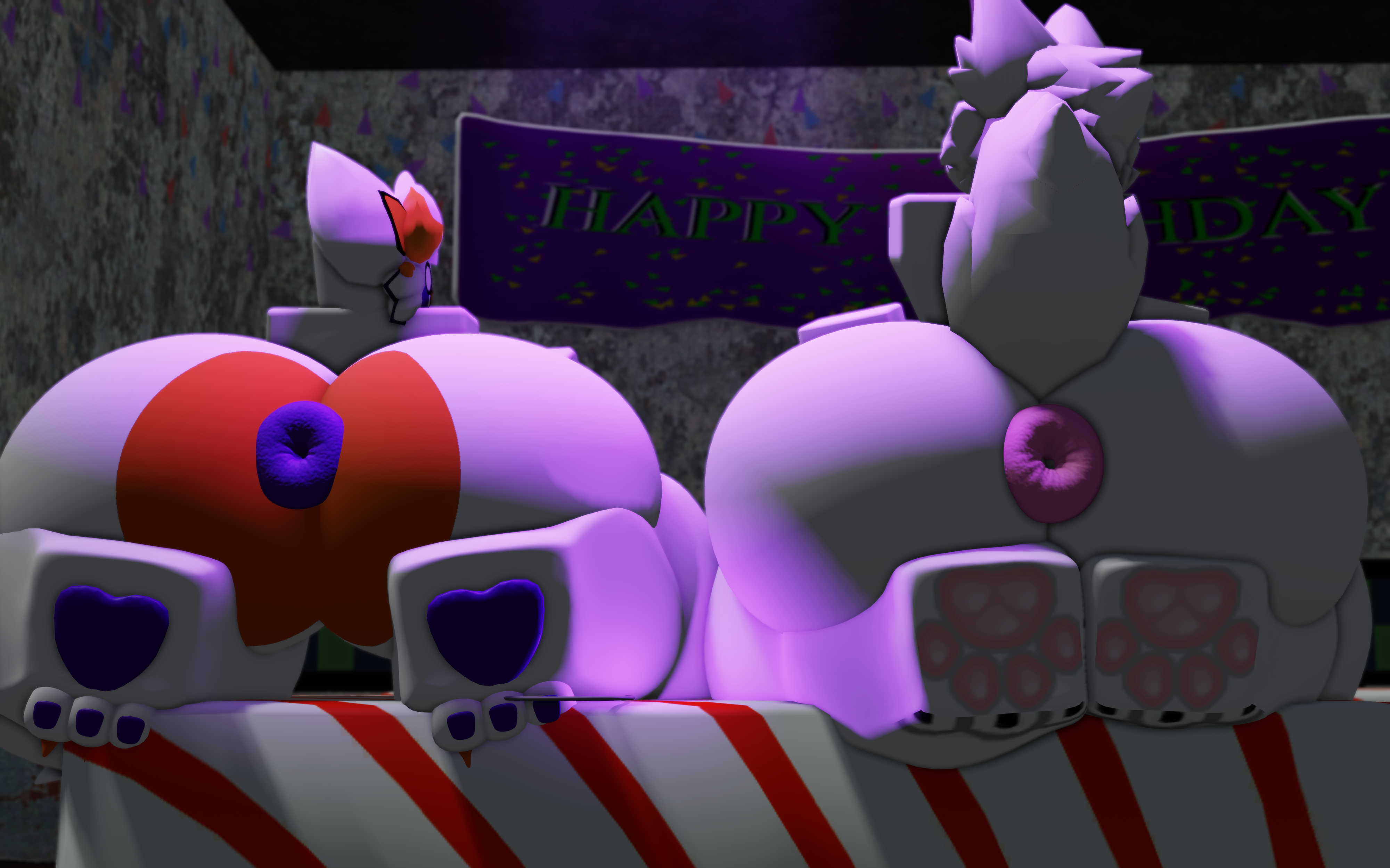 :3, 2boys, 2femboys, 3d, anus, artist request, ass, ass focus, boykisser, boykisser (meme), five nights at freddy's, five nights at frickbears, five nights at frickbears 3, fnaf, hook hand, lolbit (fnaf), lolbit (frickbears), male focus, male only, pawpads, paws, roblox, roblox studio, robloxian, silly cat (mauzymice), thick thighs, white fur