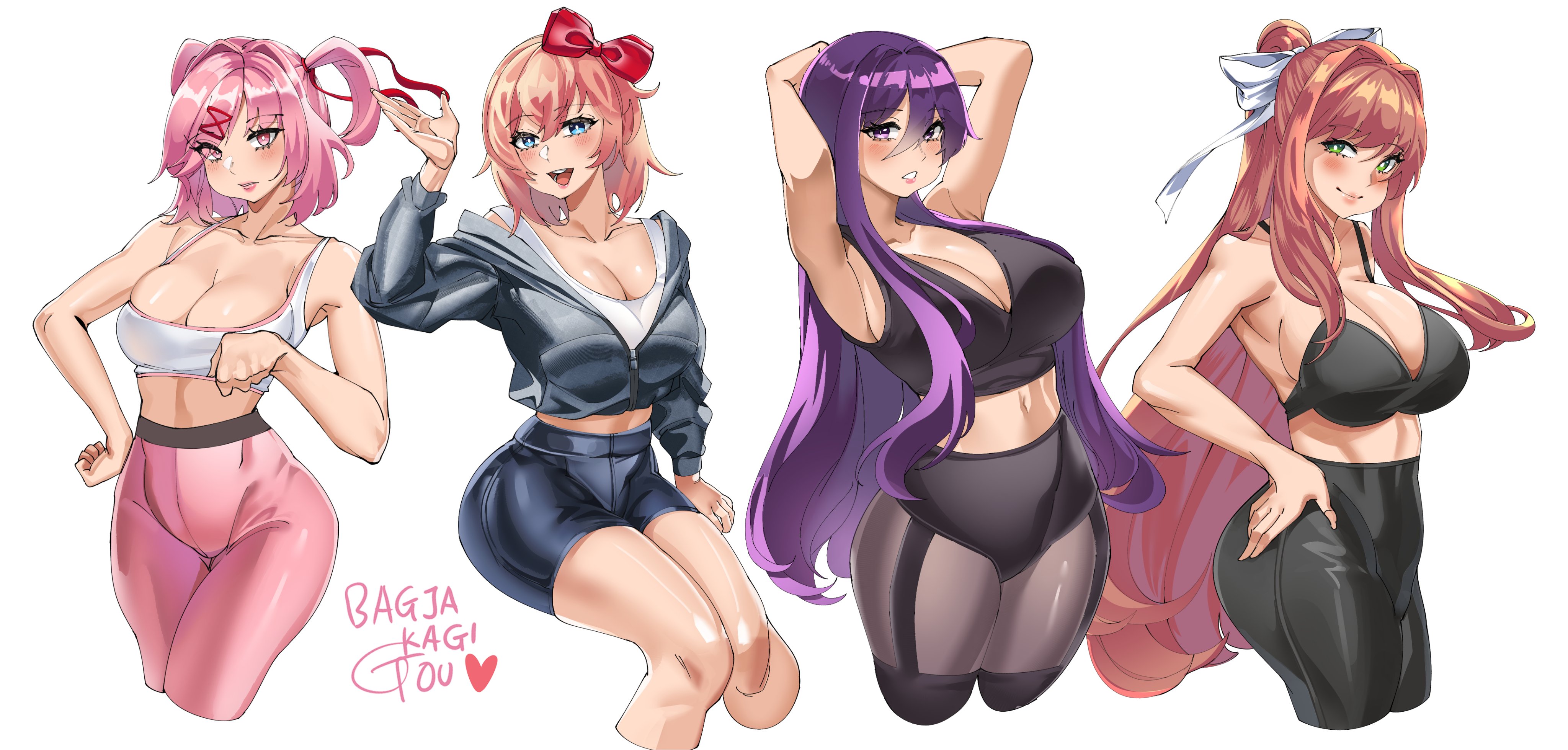 4girls, bagjakagi gou, doki doki literature club, female, female focus, female only, light skin, light-skinned female, monika (doki doki literature club), natsuki (doki doki literature club), pantyhose, sayori (doki doki literature club), source request, sports bra, thighhighs, thighhighs over pantyhose, yuri (doki doki literature club)