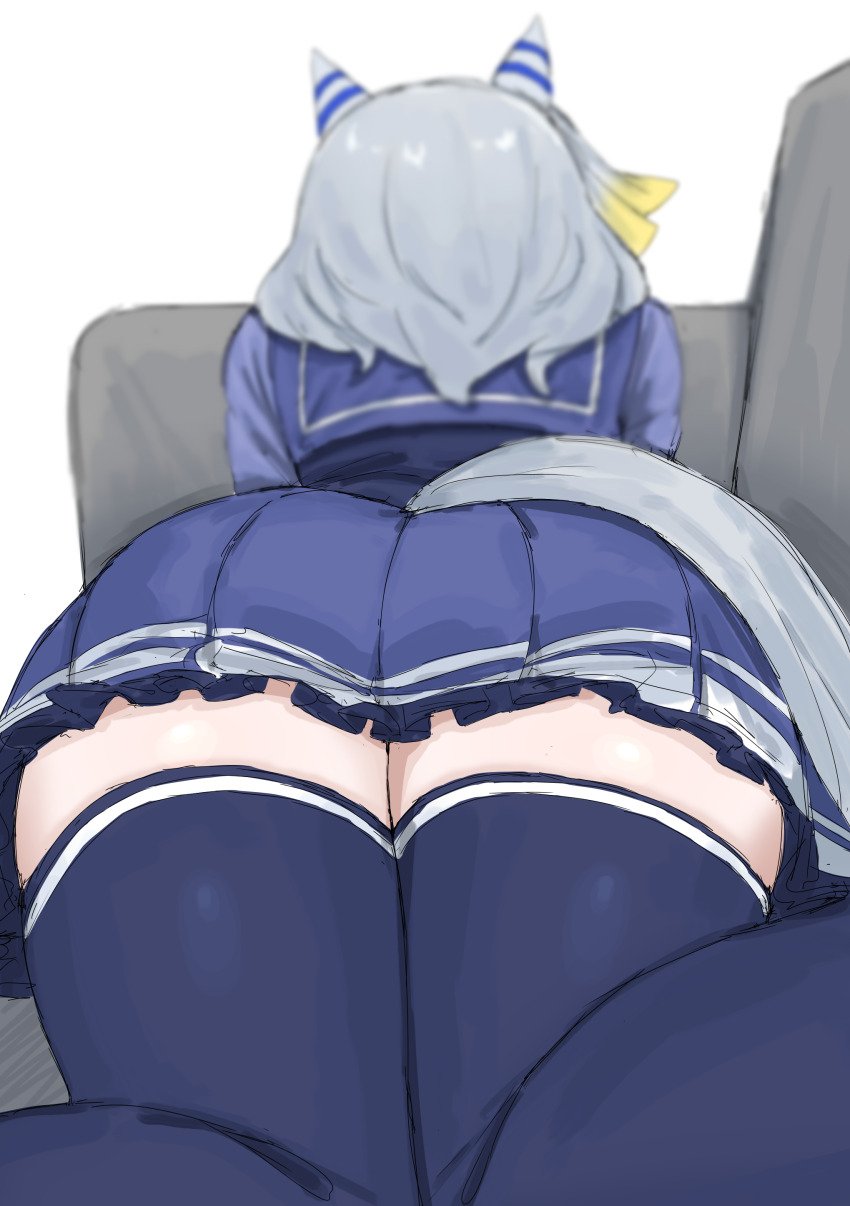 1girls, 2026, 2d, 2d (artwork), ass, back, back view, behind, behind view, big ass, big butt, big thighs, butt, clothed, clothing, color, colored, cygames, digital media (artwork), female, female only, grey hair, hair, hi res, hishi miracle (umamusume), kumiyabe, legs, light skin, light-skinned female, low-angle view, lying, simple background, skirt, sofa, solo, tail, thick thighs, thighs, umamusume, umamusume pretty derby, video game character, video games, white background
