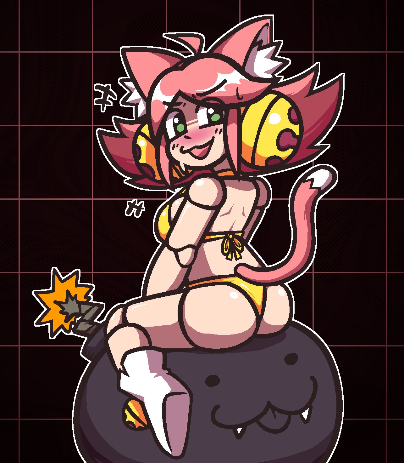 back, back view, bikini, bomb, cat ears, cat girl, cat tail, catgirl, deltarune, deltarune chapter 5, gold bikini, mad mew mew, nervous, nervous smile, pink (deltarune), pizzamozzar3lla