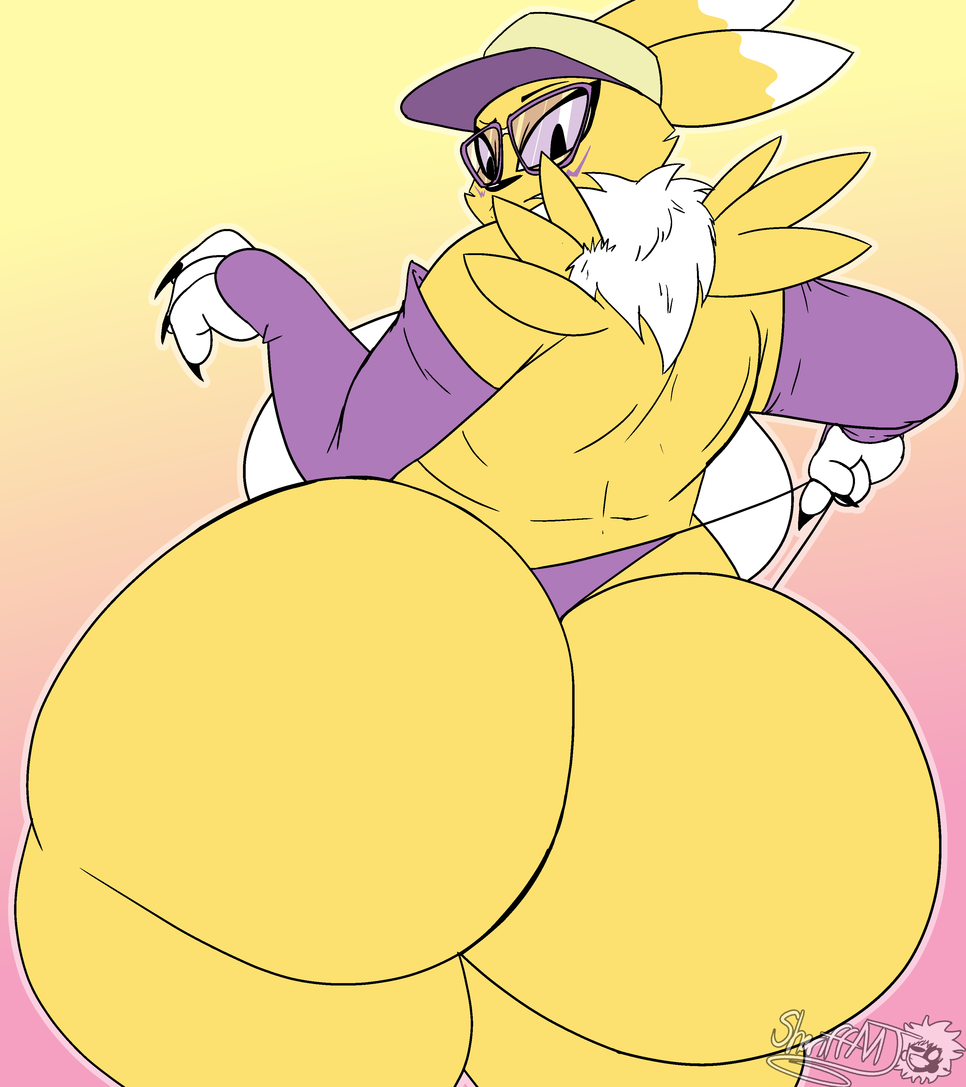 2022, absurd res, anthro, ass, bandai namco, big ass, big breasts, big butt, bottom heavy, breasts, bubble ass, bubble butt, clothing, clothing pull, digimon, digimon (species), eyewear, fat ass, fat butt, female, female only, glasses, hat, headgear, headwear, hi res, huge ass, huge breasts, huge butt, large ass, large breasts, large butt, looking at ass, looking at butt, looking back, masterj291, panties, panty pull, renamon, simple background, softtibbies, solo, thick ass, thick thighs, thong, underwear, underwear pull, wide hips