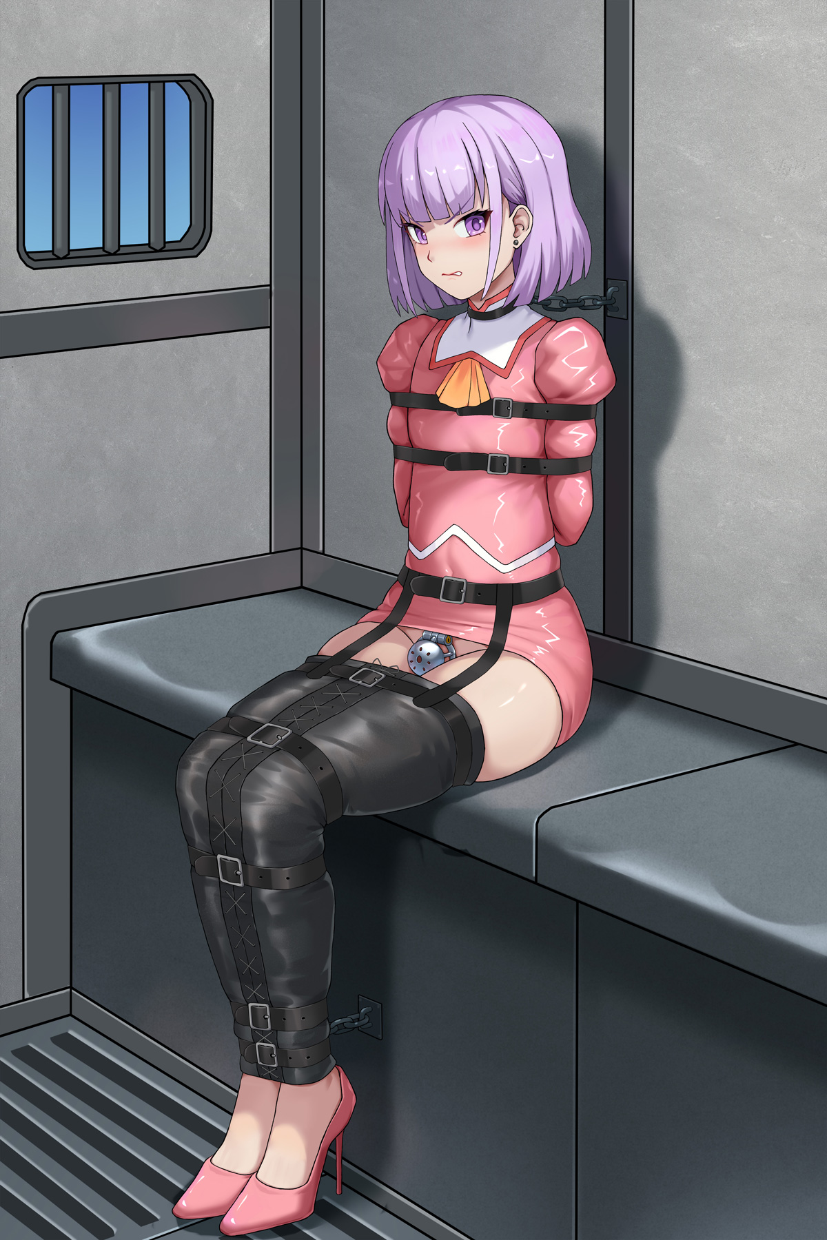 1femboy, arms behind back, bondage, bound, bound arms, bound legs, chains, chastity cage, chastity device, clenched teeth, collar, dress, femboy, haimei1980, high heels, legbinder, purple eyes, purple hair, rope, shiny clothes
