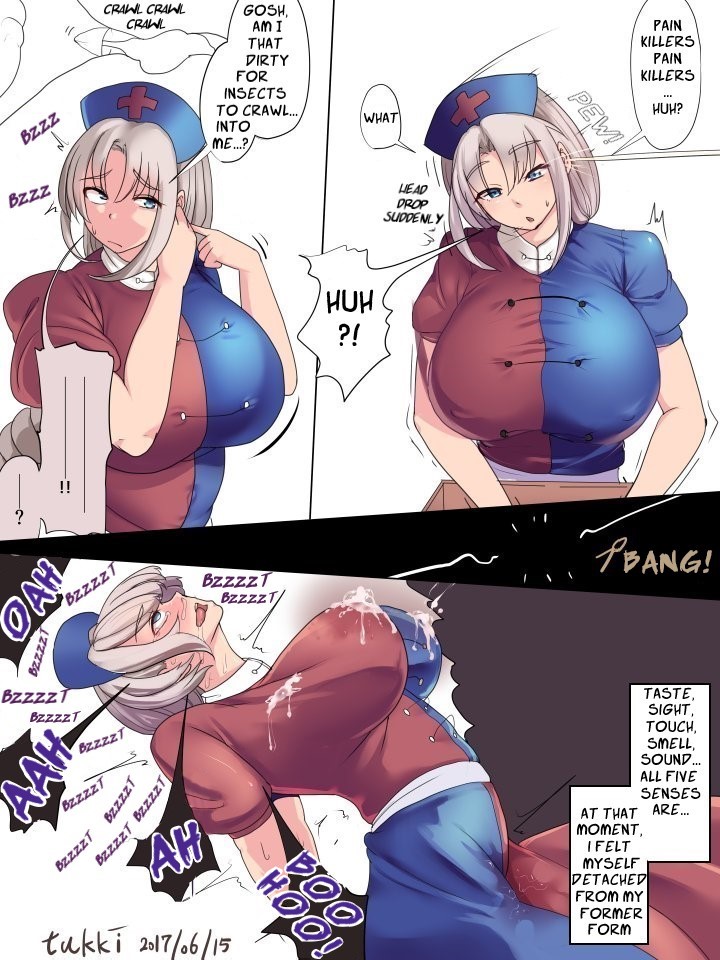 1girls, 2017, 3koma, artist request, blush, breasts, bug, dated, dress, eirin yagokoro, ejaculation, ejaculation under clothes, english text, female, female ejaculation, female ejaculation through clothes, female orgasm, lactating, lactating through clothing, lactation, lactation through clothes, large breasts, nurse, nurse cap, open mouth, orgasm, parasite, possessed, rolling eyes, short sleeves, solo female, speech bubble, stained clothes, stained dress, sweat, tagme (artist), text, text box, text bubble, tongue, tongue out, touhou, two-tone dress, wet