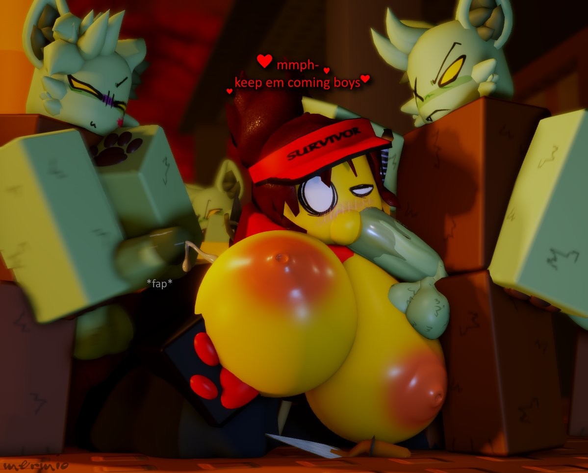 3d, big breasts, big penis, blowjob, blush, cum, furry, masturbation, mermio, penis, roblox, robloxian, source request, survivor (mermio), tagme, text, threesome, watermark, zombie