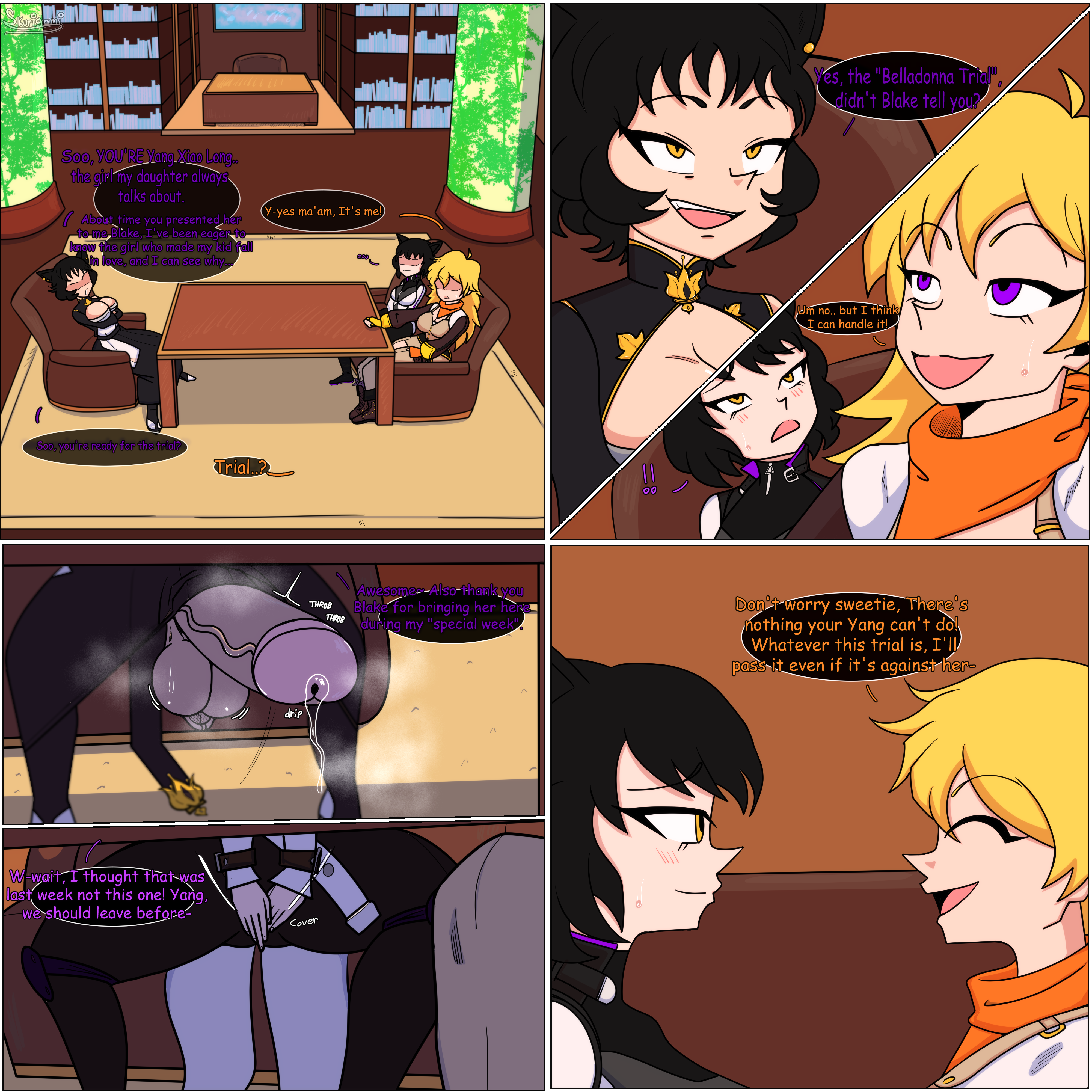 big balls, big penis, blake belladonna, comic, futanari, kali belladonna, musk, musk clouds, musky penis, ntr, penis, precum, precum drip, rwby, skurigami, steamy penis, text, throbbing penis, uncensored, under the table, yang xiao long