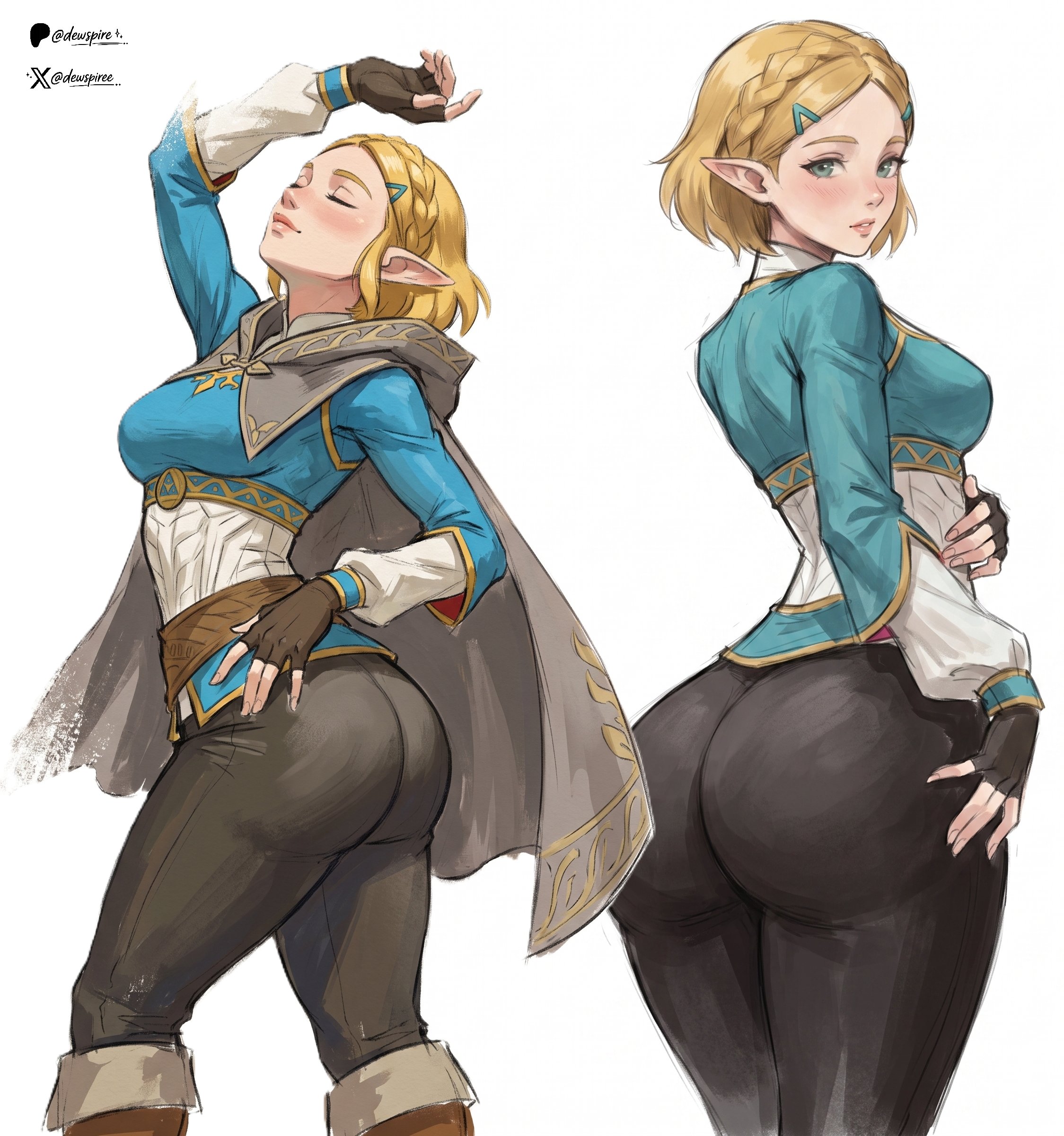 1girls, ass, breasts, breath of the wild, dewspire, female, female focus, female only, large ass, light skin, light-skinned female, looking at viewer, looking back, princess zelda, solo, tears of the kingdom, the legend of zelda, thick thighs, thighs, white background, wide hips, zelda (breath of the wild), zelda (tears of the kingdom)