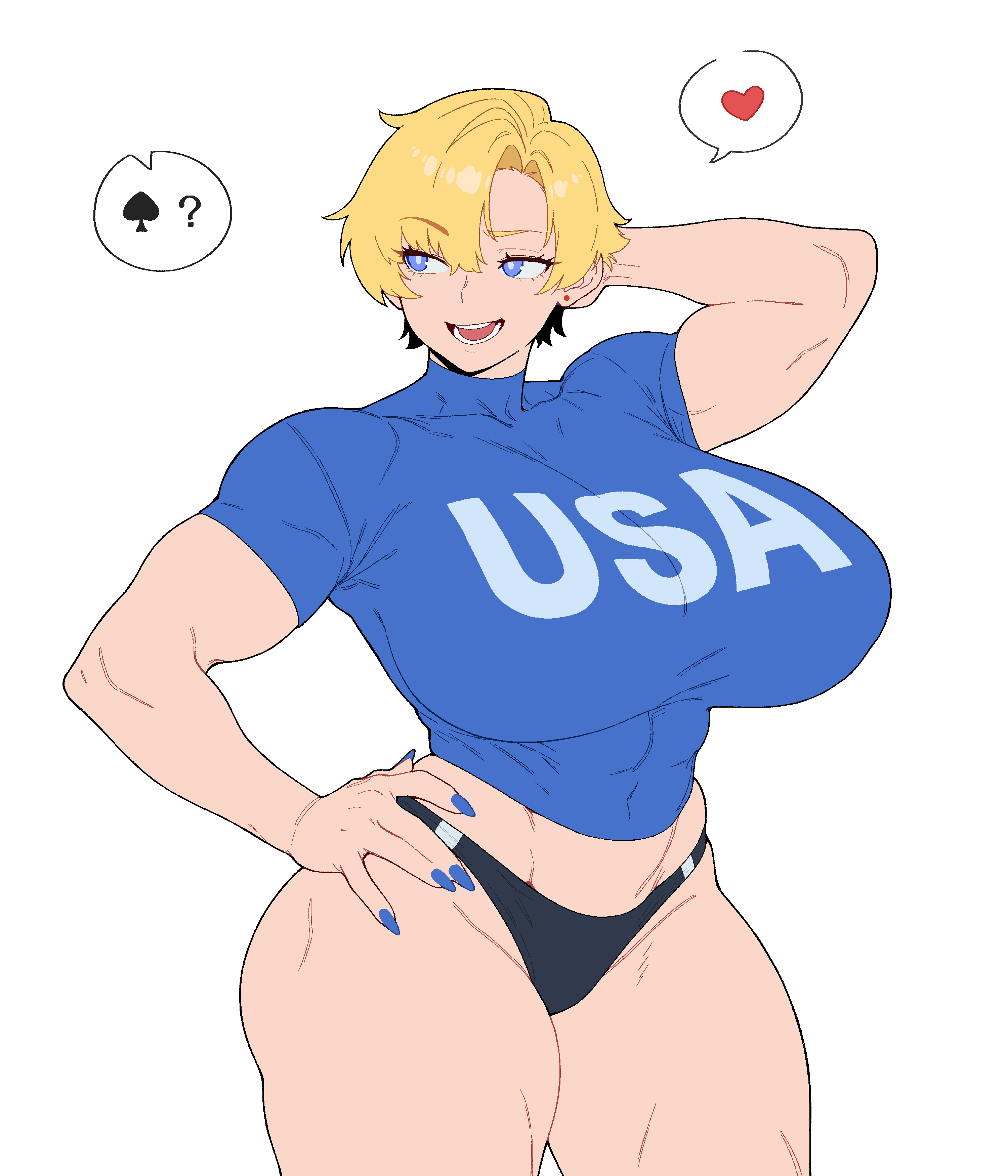 1girl, 2d, abs, blonde hair, blue eyes, blue nails, chengchezhiice, large breasts, light skin, light-skinned female, muscular female, oc, qos, queen of spades, smile, tagme, thick thighs