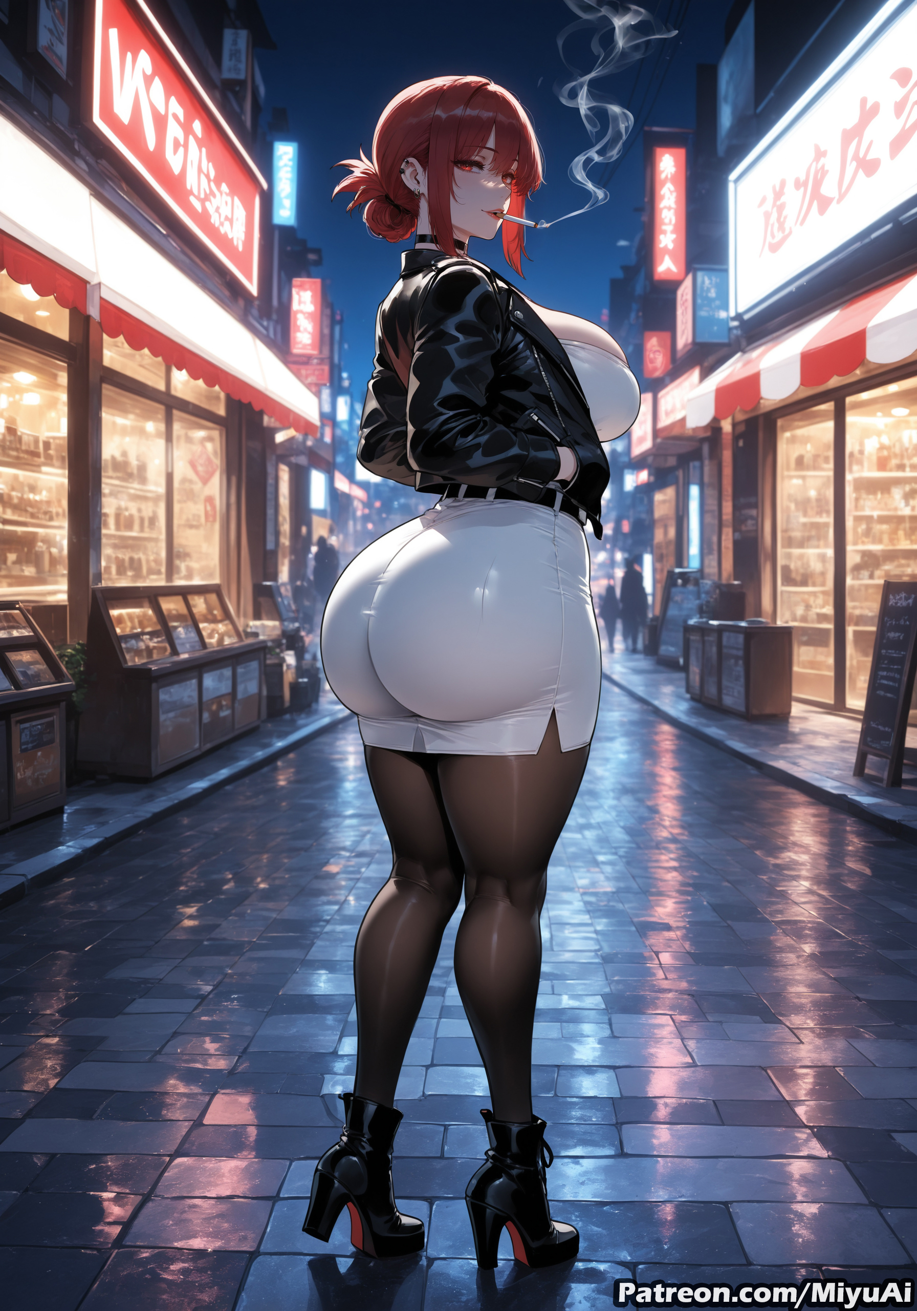 1girl, ai assisted, ai generated, ass, bangs, black legwear, breasts, curvaceous, curvy, curvy female, curvy figure, female, gloves, high heel boots, high heels, huge breasts, jacket, looking at viewer, looking back, miniskirt, miyuai, pantyhose, red eyes, red hair, road, sidelocks, skirt, solo, super no ura de yani suu futari, tayama (super no ura de yani suu futari), thick, thick ass, thick butt, thick hips, thick legs, thick thighs, thighs, voluptuous, voluptuous female, wide hips, wide thighs