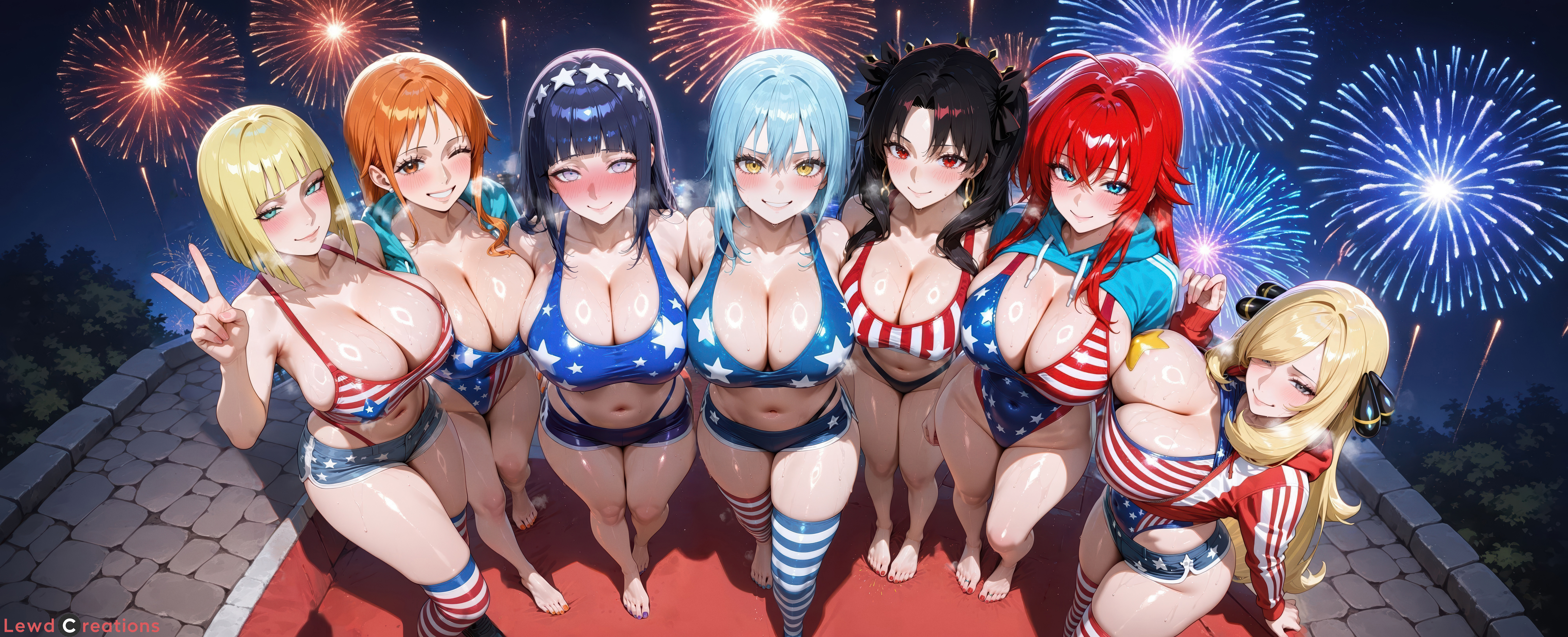 4th of july, 7girls, absurd res, ai generated, barefoot, big breasts, blonde, blonde female, blonde hair, blush, blush lines, blushing, boruto: naruto next generations, breasts, curvy, curvy figure, cynthia (pokemon), fate (series), fate/grand order, fate/stay night, feet, female, female only, fireworks, from above, high resolution, high school dxd, highres, huge breasts, hyuuga hinata, large breasts, lewdcreationsai, light skin, light-skinned female, looking at viewer, multiple girls, nami (one piece), naruto, naruto (classic), naruto (series), naruto shippuden, naruto: the last, navel, nintendo, one piece, orange eyes, orange hair, outdoors, peace sign, pokemon, purple hair, rias gremory, rimuru tempest, samui, sexually suggestive, shirona (pokemon), smile, smug, stable diffusion, standing, steam, steaming body, steamy breath, sweat, sweatdrop, sweating, sweaty, tagme, tensei shitara slime datta ken, that time i got reincarnated as a slime, thick, thick legs, thick thighs, thighhighs, thighs, toes, tohsaka rin, v