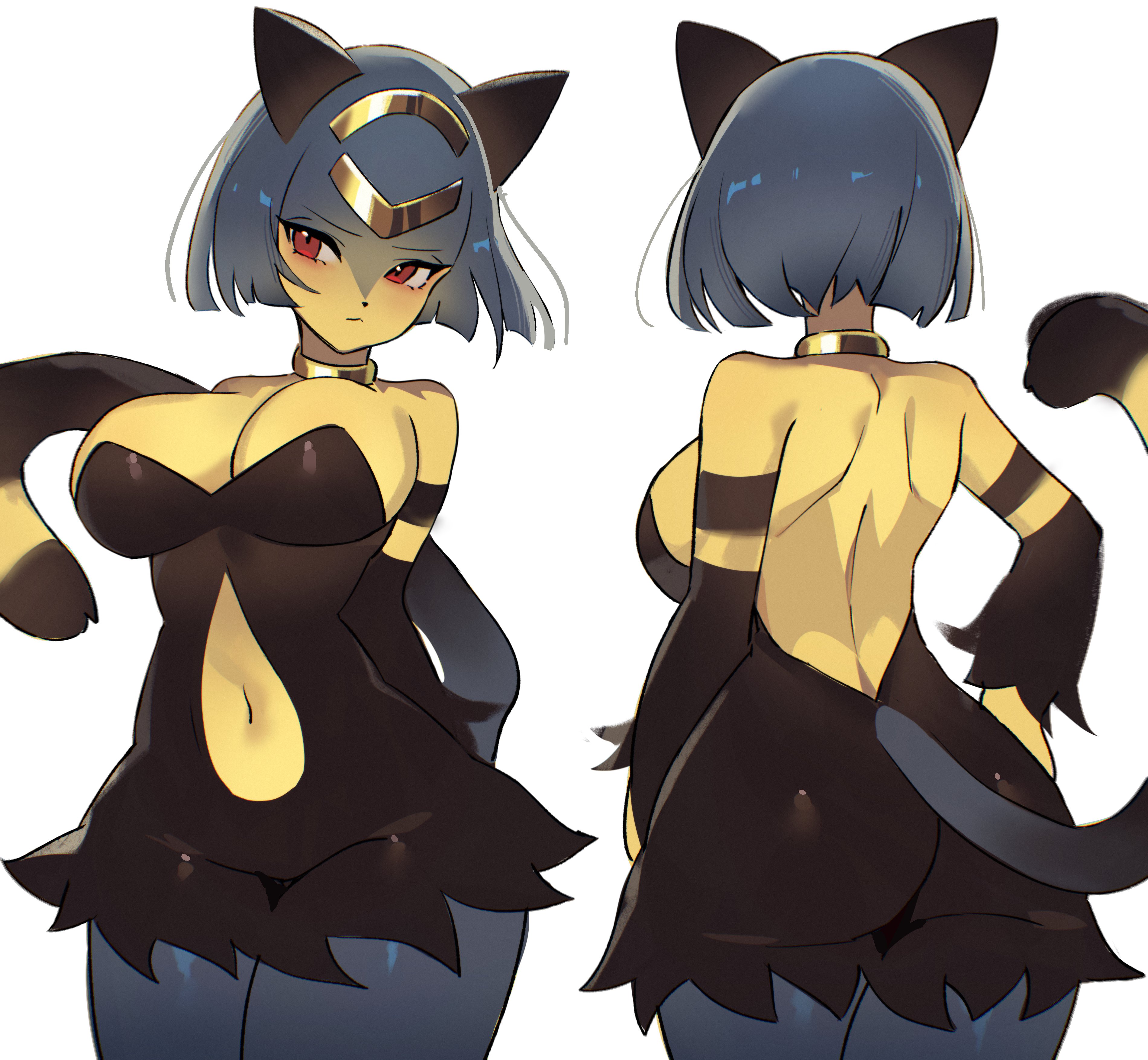 1girl, absurdres, animal ears, black dress, cat ears, cat girl, cat tail, chunniwa, clothing cutout, dress, furry, furry female, highres, navel, pal (creature), palworld, sekhmet (pal), short dress, stomach cutout, tail