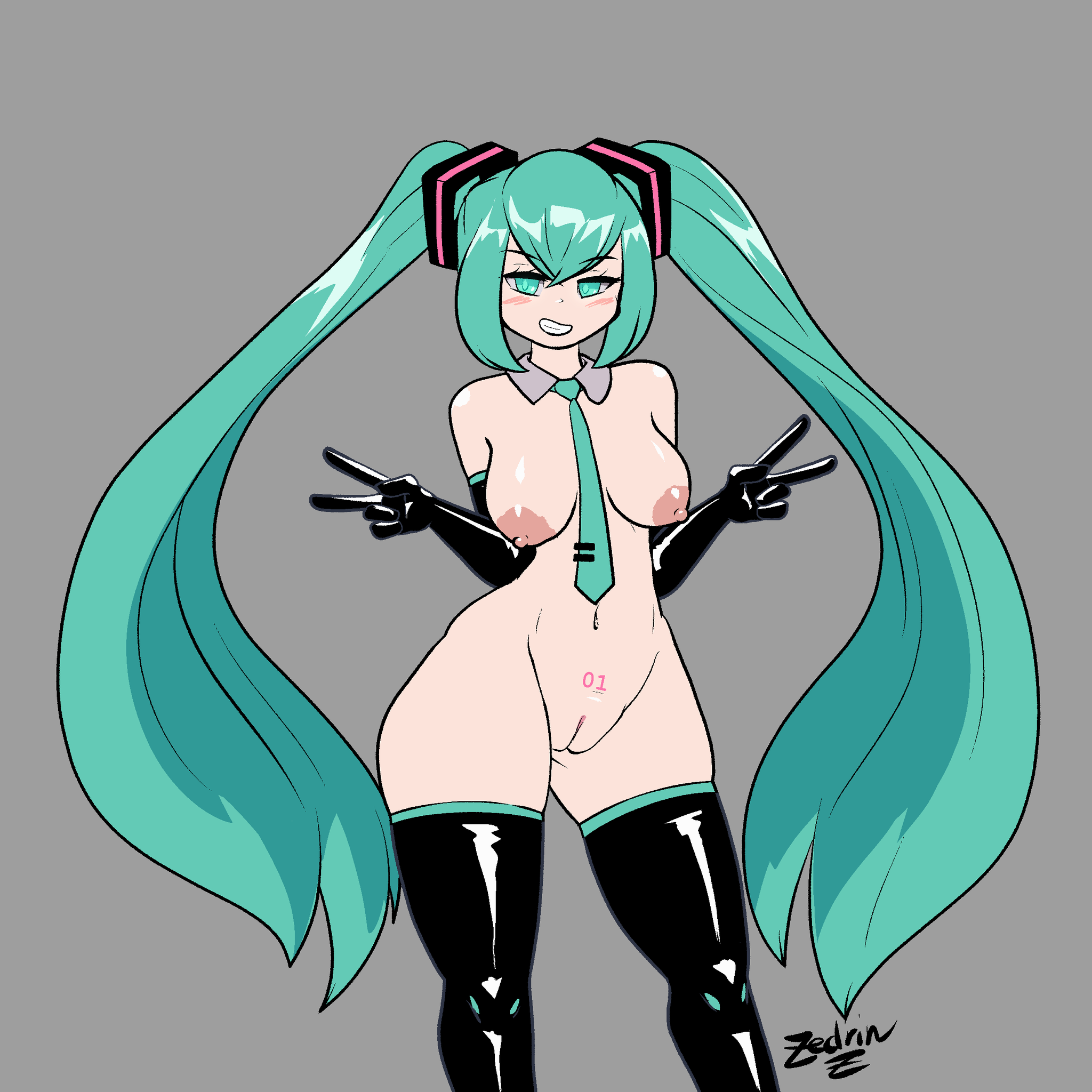 1girls, breasts, female, hatsune miku, leggings, necktie, nude, pussy, tagme, vocaloid, zedrin