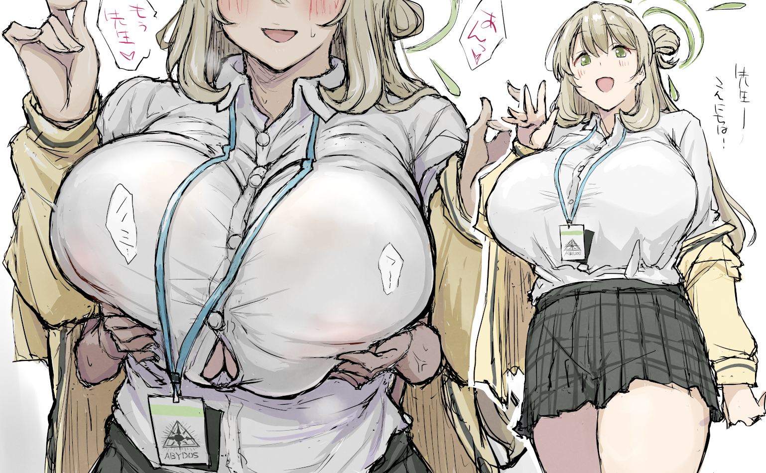 :d, 1boy, 1girls, arm at side, black skirt, blonde hair, blue archive, blush, breasts, button gap, collared shirt, commentary request, covered erect nipples, cowboy shot, eyes out of frame, female, grabbing another's breast, grabbing from behind, green halo, groping, hair between eyes, hair bun, halo, hand up, hands up, head out of frame, heart, hetero, huge breasts, id card, jacket, lanyard, long hair, long sleeves, looking at viewer, male, miniskirt, multiple views, nasakene, no bra, nonomi (blue archive), off shoulder, open clothes, open jacket, open mouth, plaid clothes, plaid skirt, pleated skirt, shirt, shirt tucked in, simple background, single side bun, skirt, smile, solo focus, speech bubble, spoken heart, standing, sweatdrop, translation request, upper body, white background, white shirt, yellow jacket