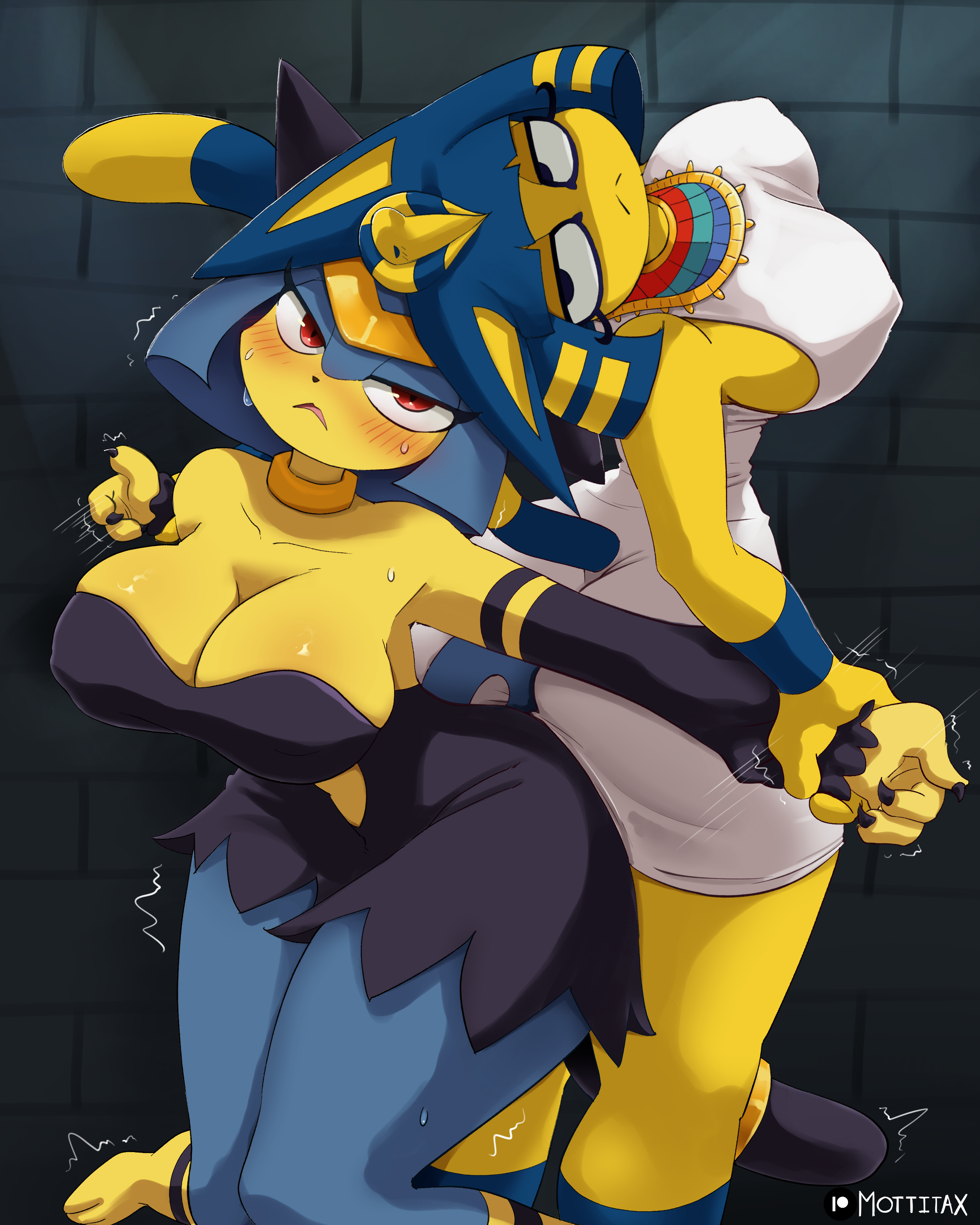 :<, absurd res, animal crossing, ankha, ankha (animal crossing), anthro, ass to ass, big breasts, black clothing, black dress, black eyes, black nose, black tail, blonde hair, blue hair, blue tail, blush, blush lines, breasts, clothed, clothing, crossover, dress, duo, eyelashes, female, hair, hi res, long tail, markings, mottitax, nintendo, nipple outline, noseless, pal (species), palworld, pocketpair, pupils, red eyes, sekhmet (pal), short hair, striped markings, striped tail, stripes, tail, tail markings, uraeus, white clothing, white dress, white tail