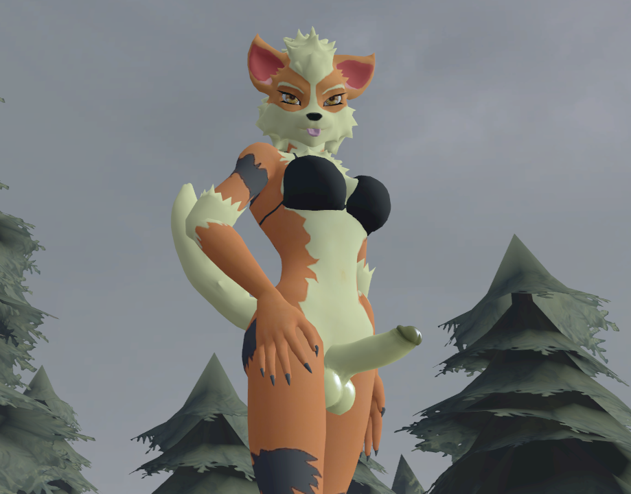 3d_(artwork) anthro arcanine balls bra breasts canid canine clothed clothing digital_media_(artwork) erection fur futanari genitals grey_sky gynomorph hand_on_hip intersex looking_at_viewer mammal nintendo penis plant pokemon pokemon_(species) randomkink solo source_filmmaker tan_balls tan_penis tongue tongue_out tree underwear video_games