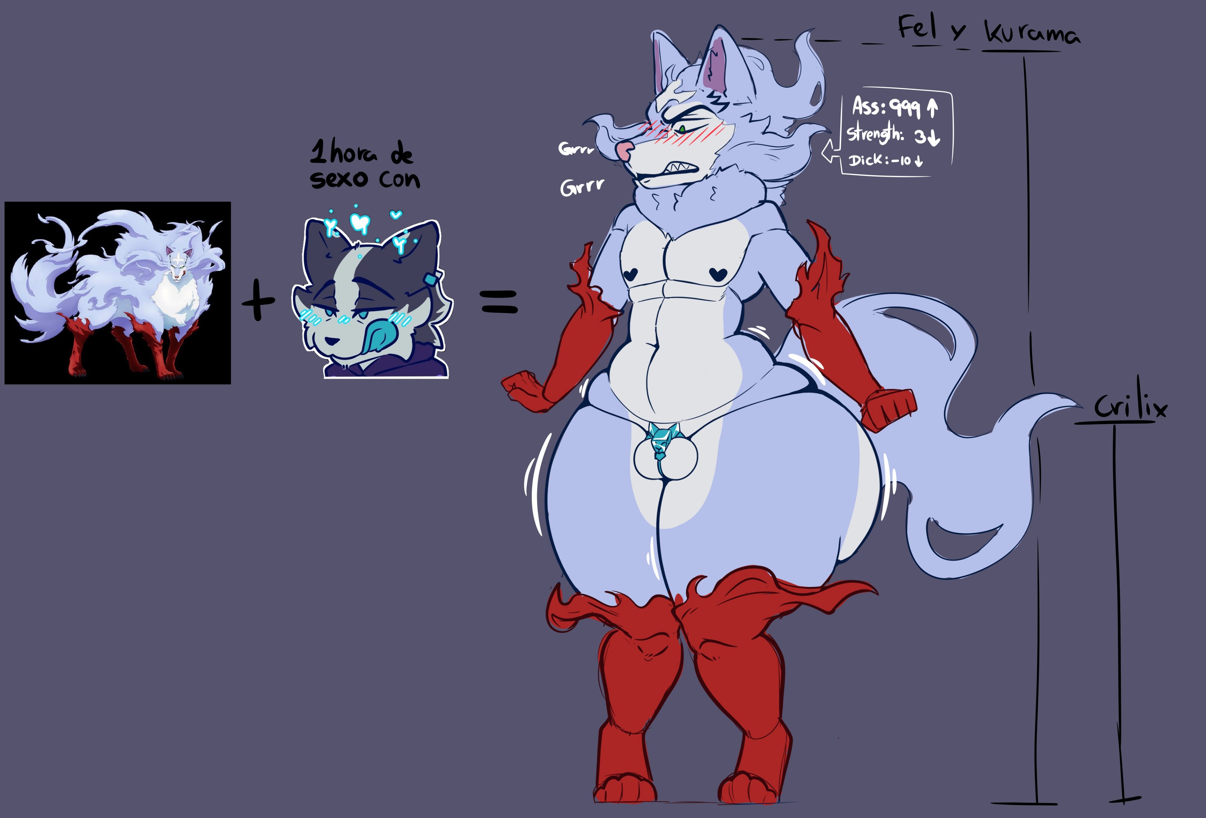 1boy, balls, blush, chastity cage, crilix, fel (fenrir), furry, penis, sharp teeth, sissy, sissyfication, small penis, solo male, thick thighs, thighs bigger than head, transformation, wide hips