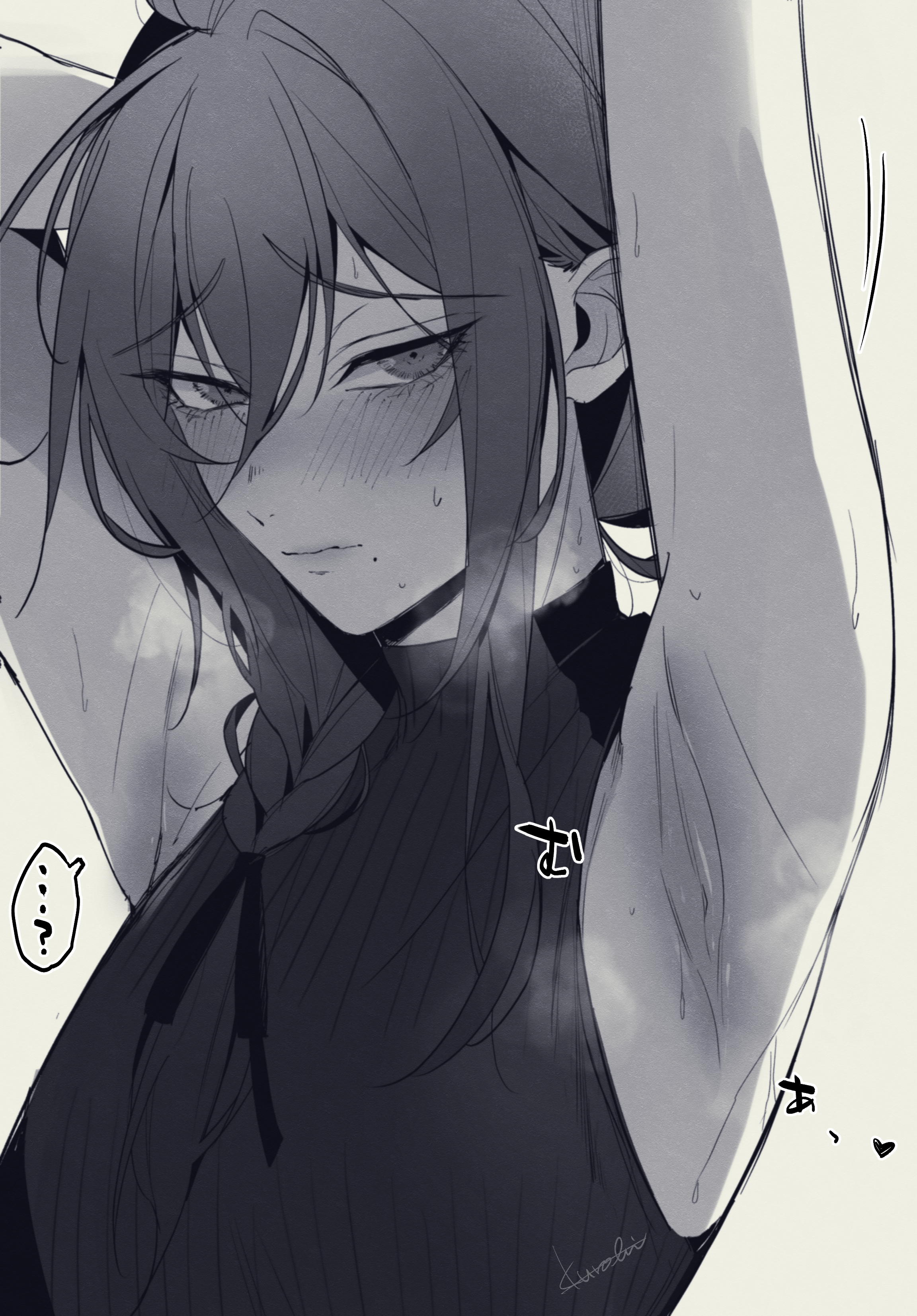 1girls, armpit, armpit crease, armpit fetish, armpits, arms above head, ayase mayoi, blush, blush lines, blushing, braid, cloud, crossgender, embarrassed, ensemble stars!, female, flustered, keiji kurobi, looking at viewer, meta bla2000, mtf crossgender, musk, musk clouds, musk fetish, musky, musky armpit, presenting, presenting armpit, rule 63, showing armpits, smelly, smelly armpits, steam, stink fumes, stinky