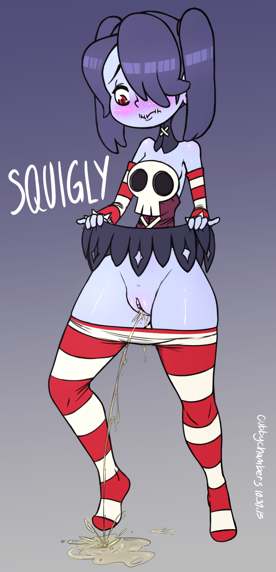 blue_hair blush cubbychambers peeing red_eyes skirt_lift skullgirls squigly zombie zombie_girl