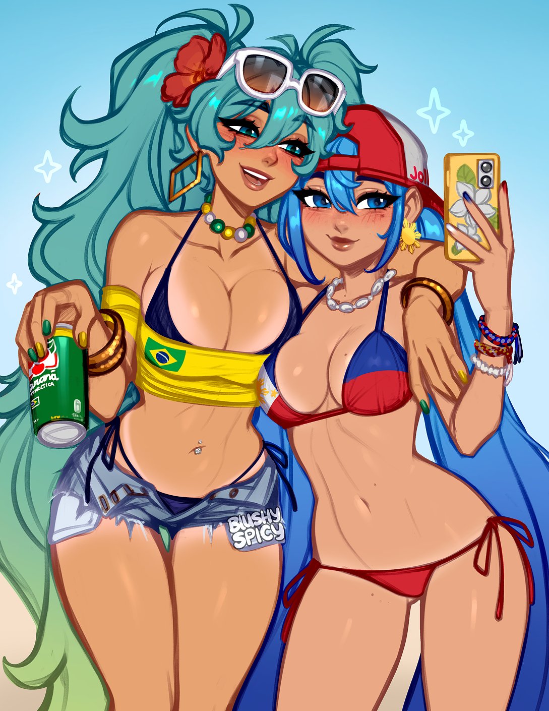 2026, 2d, 2girls, bikini, blushypixy, blushyspicy, brazilian, brazilian female, brazilian miku, breasts, female, female focus, female only, filipina, flag bikini, hatsune miku, large breasts, tanned, tanned female, tanned skin, thick thighs, thighs, vocaloid, wide hips