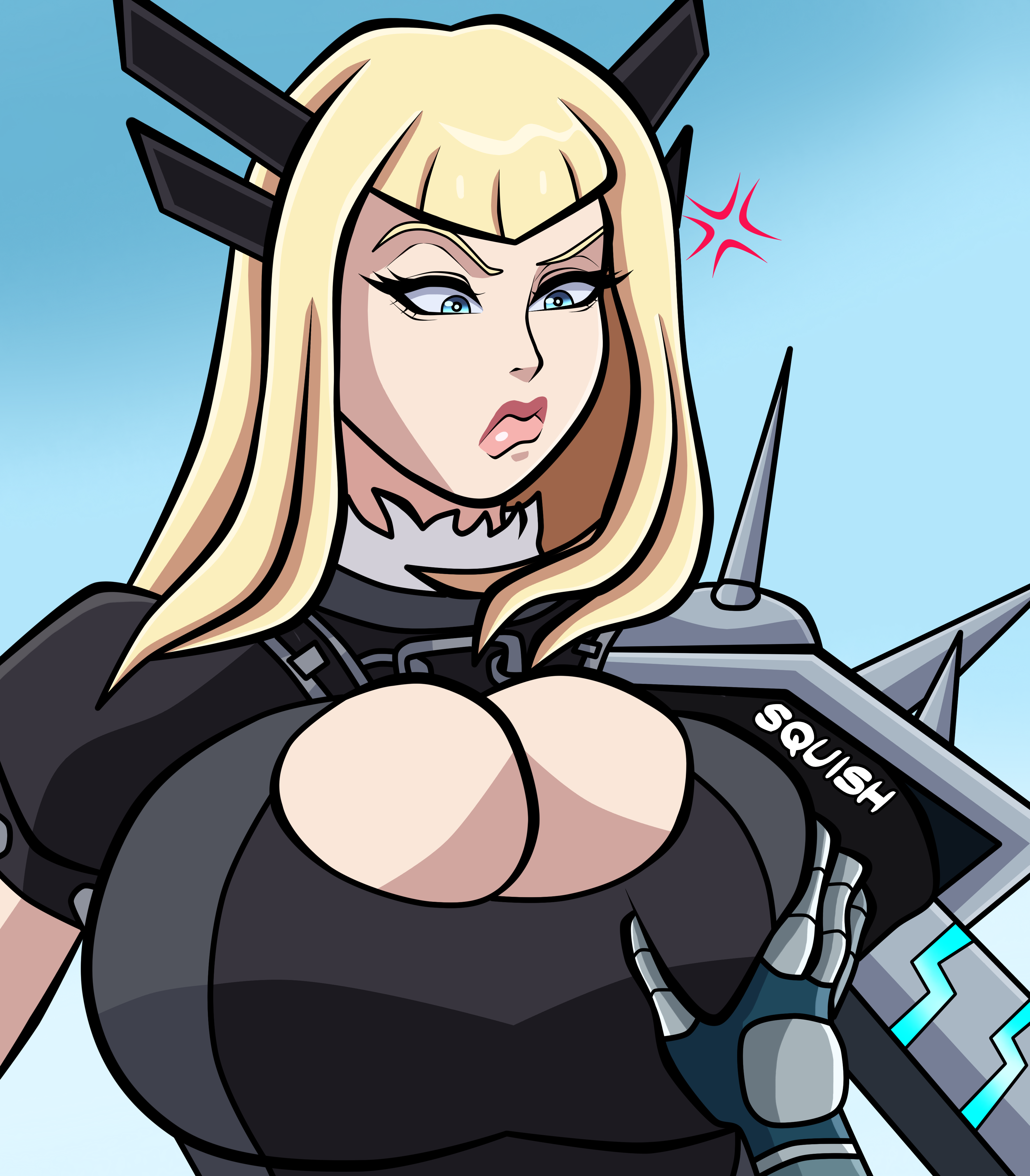 2girls, annoyed, bangs, big boobs, big breasts, blonde female, blonde hair, blue eyes, blueartfiend, boobs, breast grab, breasts, danger (marvel tokon), danger (marvel), female, female focus, female only, grabbing breasts, large boobs, large breasts, magik (illyana rasputin), magik (marvel tokon), marvel, marvel tokon: fighting souls, offscreen character