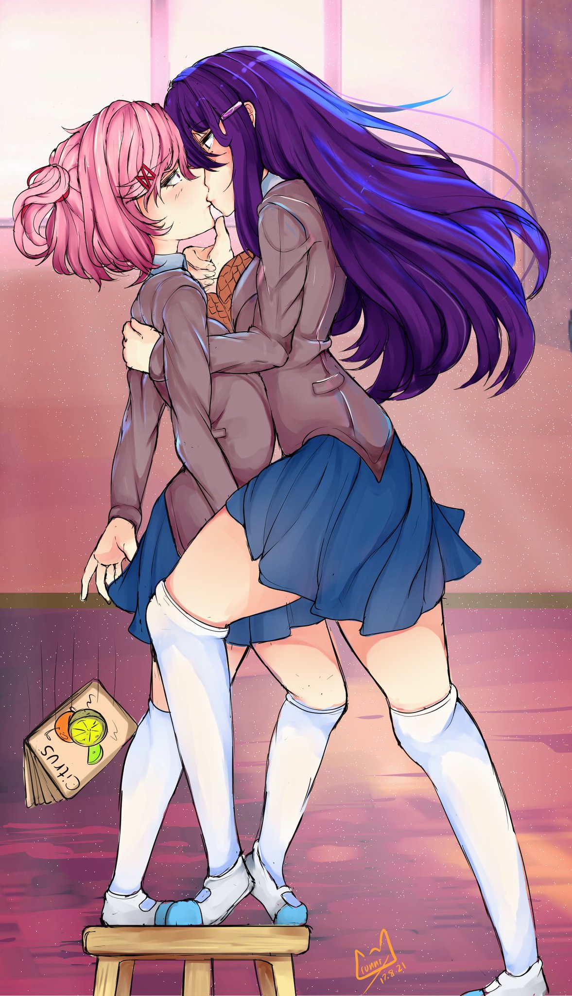 2girls, before sex, crunnix, doki doki literature club, female, female only, imminent sex, kiss, kissing, lesbian, lesbian kiss, making out, multiple girls, natsuki (doki doki literature club), yuri, yuri (doki doki literature club)