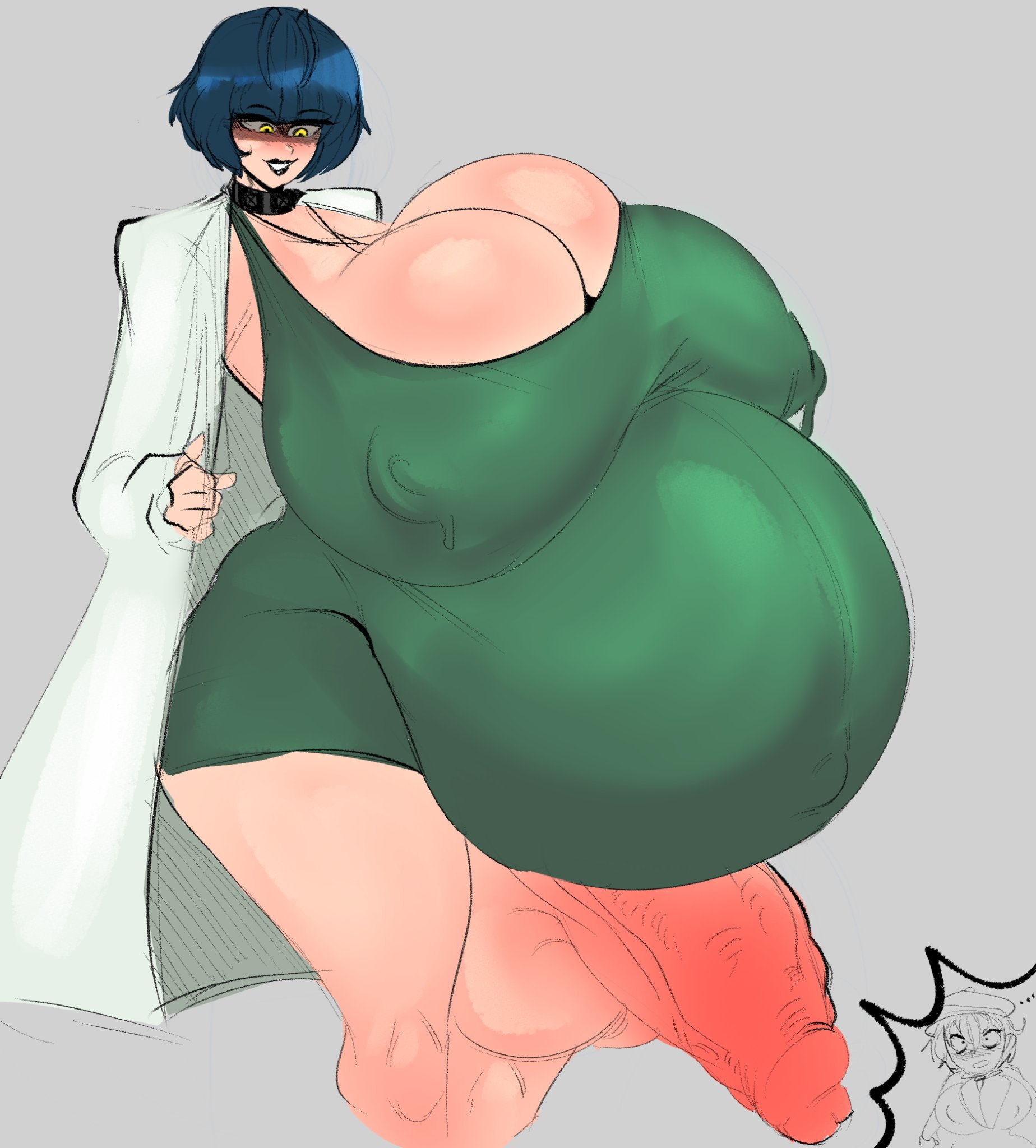 1futa, absurdly large cock, ass, atlus, black lipstick, blue hair, blush, breasts, caitdrawsstuff2, choker, erect nipples, female, futanari, gigantic breasts, huge ass, hyper belly, hyper pregnancy, labcoat, nipples visible through clothing, persona, popped navel, pregnant, pregnant futa, self impregnation, shadow (persona), solo focus, super belly, tae takemi, thick thighs, wide hips, yellow eyes