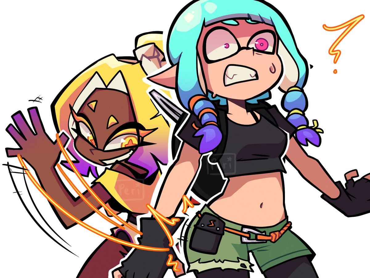 2girls, artist request, ass slap, bare midriff, frye (splatoon), fully clothed, funny, inkling, inkling girl, mechanic (splatoon raiders), midriff, navel, nintendo, slap, slapping ass, slapping butt, splatoon, splatoon raiders, white background, yuri
