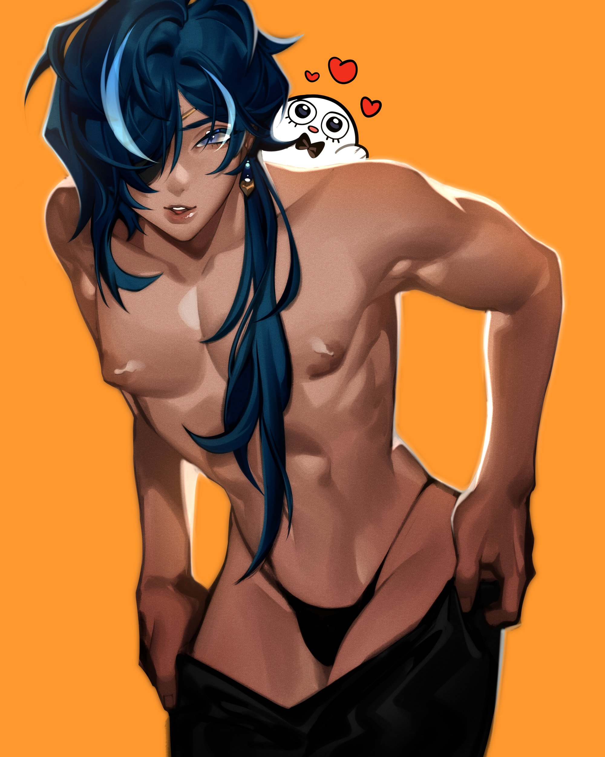 1boy, abs, absurdres, blue eyes, blue hair, dark skin, dark-skinned femboy, dark-skinned male, dark-skinned sub, earrings, eyelashes, femboy, gay, gay male, genshin impact, half naked, hearts, kaeya (genshin impact), looking at viewer, male, male only, mihoyo, muscles, naked, nipples, orange background, ponytail, removing pants, simple background, solo, t0t0mopann, tagme, thong, toned, yaoi