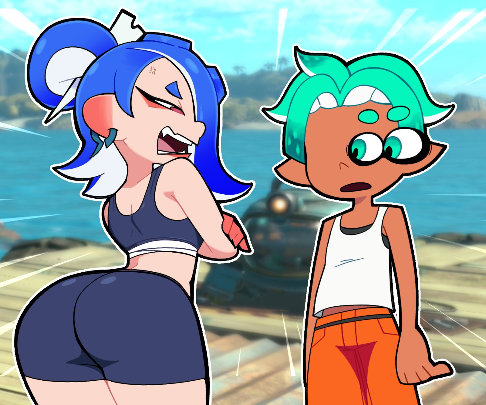 1boy, 1boy1girl, 1girls, ass focus, inkling, inkling boy, mechanic (splatoon raiders), nintendo, nintendo switch, octoling, octoling girl, scott falco, scottfalco (artist), shiver (splatoon), shiver hohojiro, splatoon, splatoon (series), splatoon raiders, spongebob reference, tagme