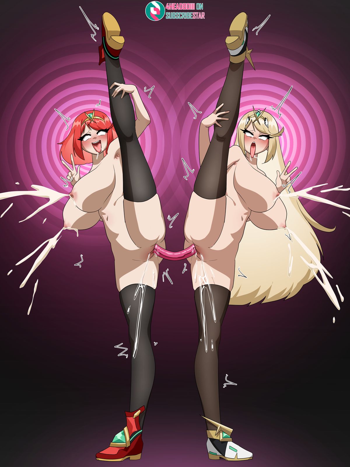 2girls, 4headboiii, ahegao, ahegao face, alternate version available, blonde hair, blush, blushing, brainwashing, colored, cumming, dildo, exposed breasts, exposed nipples, exposed pussy, eyes rolling back, female, female only, female orgasm, happy trance, hypnosis, leggings, looking pleasured, milk, milk squirt, mind break, mind control, monolith soft, mythra, naked, nintendo, nipples, nude, orgasm face, peace sign, pussy, pussy juice, pyra, red hair, smile, smiling, tagme, tiara, tongue, tongue out, xenoblade (series), xenoblade chronicles 2, yuri