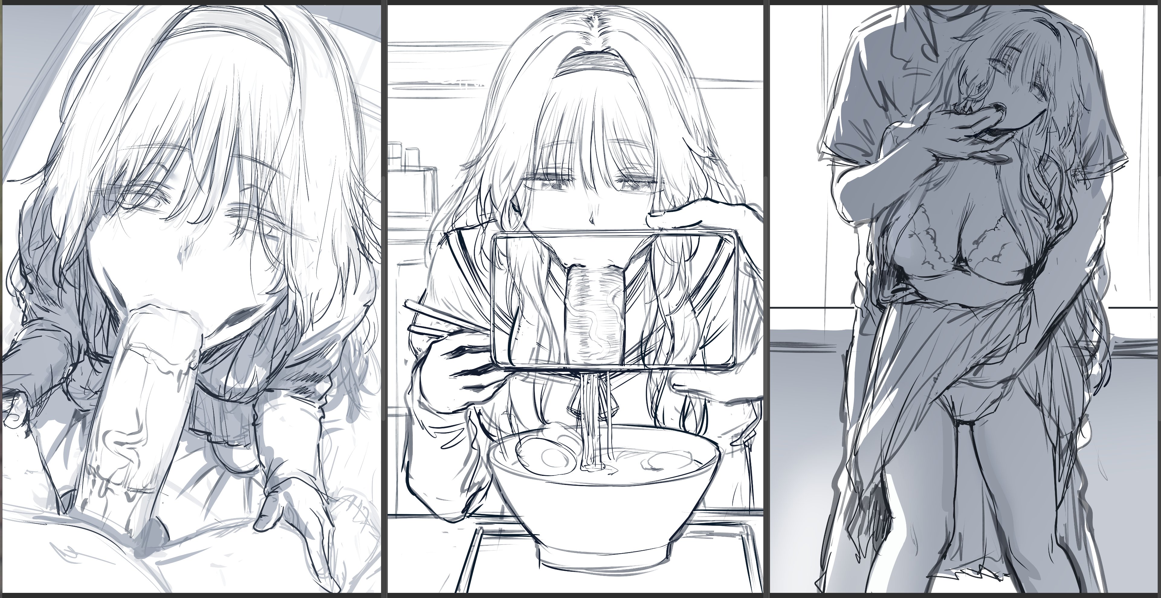 1boy, 1girl, 1girls, big penis, blowjob, blowjob face, blowjob only, blush, blush lines, blushing female, bra, collage, fellatio, female, female focus, fingers in mouth, hair vents, headband, hews hack, holding, holding object, holding phone, kaoru hana wa rin to saku, kaoruko waguri, large penis, lifted skirt, long hair, looking at viewer, male, male/female, panties, phone, pov, ramen, sketch, veiny penis, waguri kaoruko