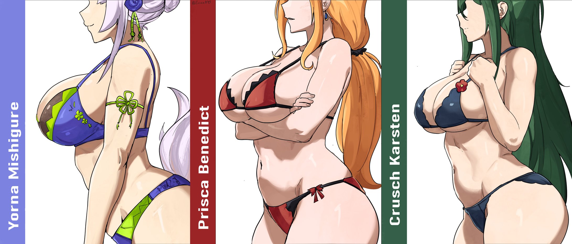  e v o n 0, 3girls, akihitoevon, big breasts, bra, crusch karsten, demihuman, female only, fox girl, fox tail, green hair, meme, meme reference, orange hair, panties, pose, posing, priscilla barielle, re:zero kara hajimeru isekai seikatsu, sexy, sexy pose, underwear, voluptuous, voluptuous body, voluptuous female, white hair, yorna mishigure