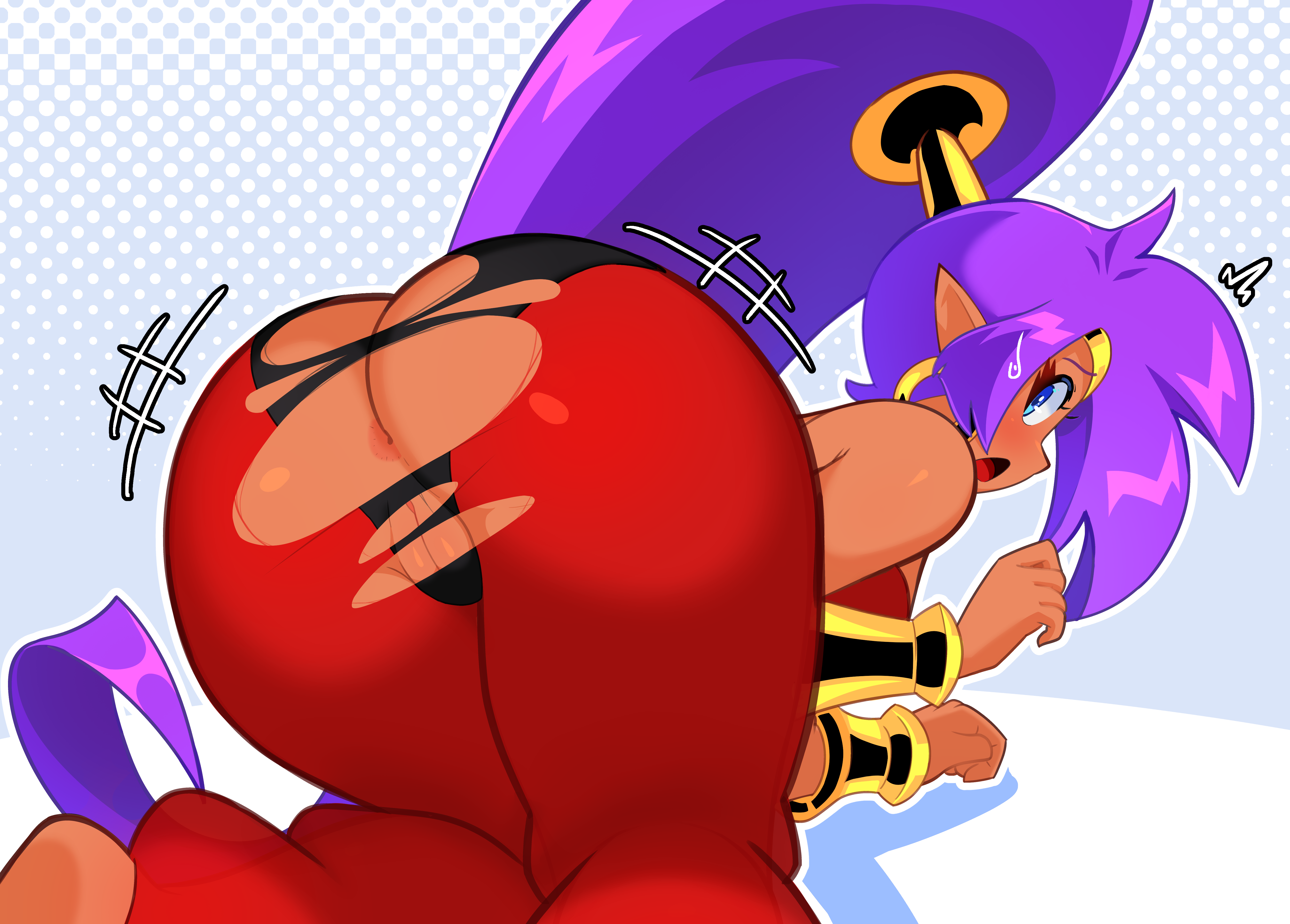 1girls, anus, ass, blue eyes, butt crack, clothed, dark skin, earrings, fallenlimbo, female, harem pants, hoop earrings, long hair, looking at viewer, looking back, open mouth, pants, pointy ears, ponytail, purple hair, pussy, risinglimbo, shantae, shantae (character), solo, tagme, thick thighs, thighs, torn clothes, very long hair