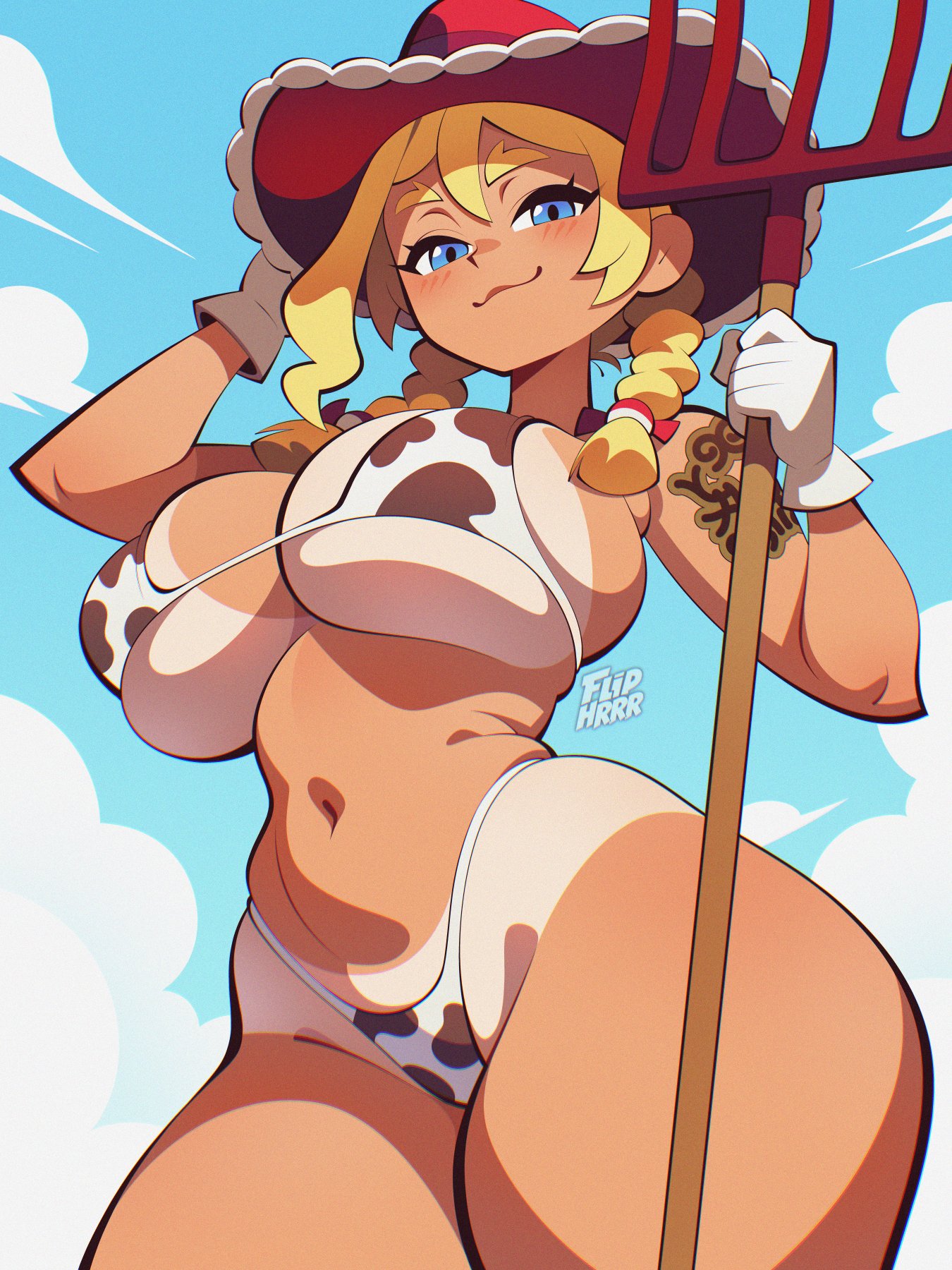:3, bikini, blush, cow girl, cow print, cow print bikini, farm girl, fliphrrr, huge breasts, kitt (pokemon), looking at viewer, pitchfork, pokemon, pokemon champions, rucola (pokemon), smile, tan lines, tan skin, thick thighs, wide hips