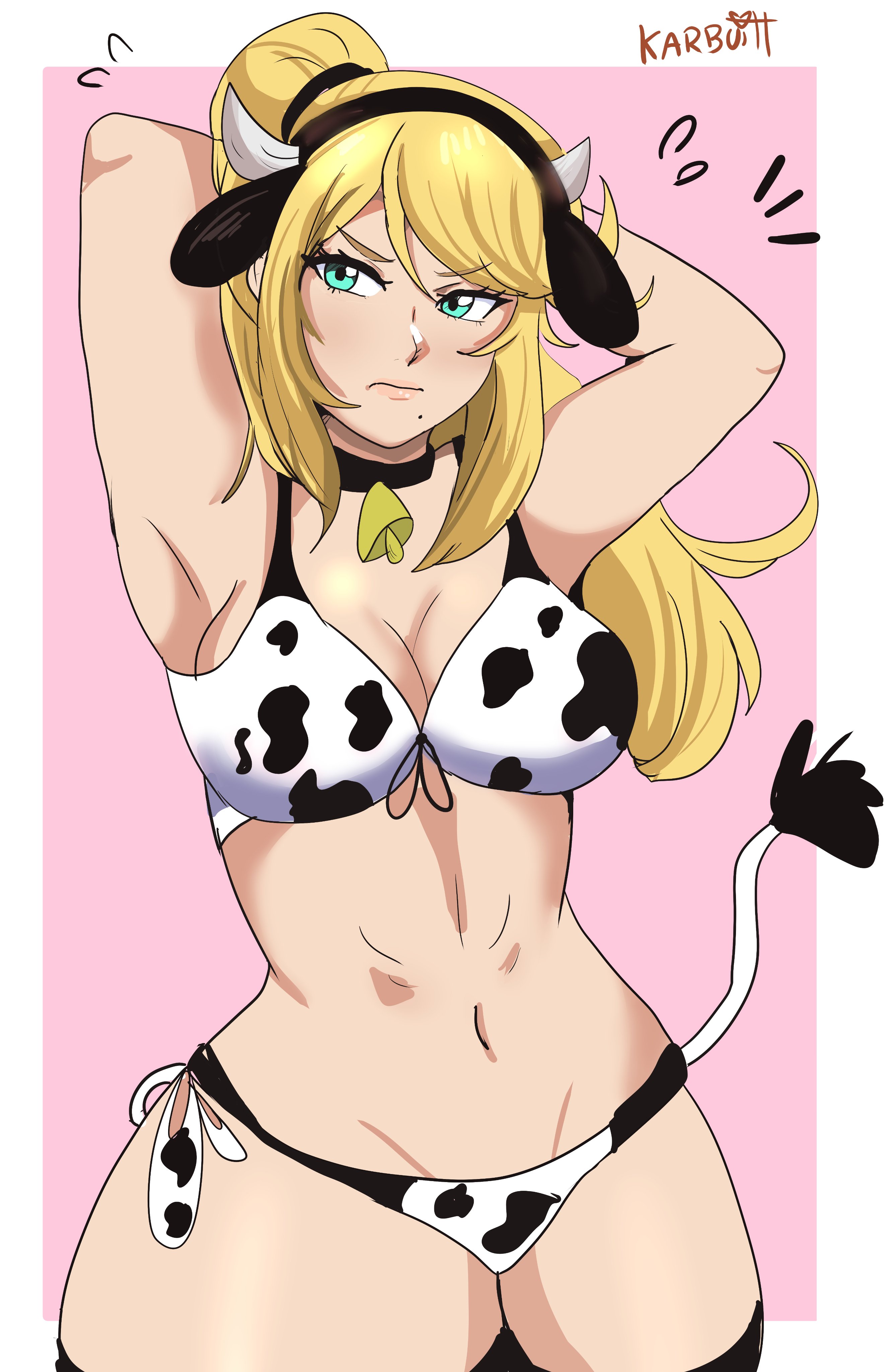 1girls, big breasts, blonde hair, breasts, cow ears, cow horns, cow print, cow tail, cowbell, cyan eyes, female, hands behind back, hands behind head, huge thighs, karbuitt, long hair, metroid, samus aran, sole female, thick thighs, tomboy