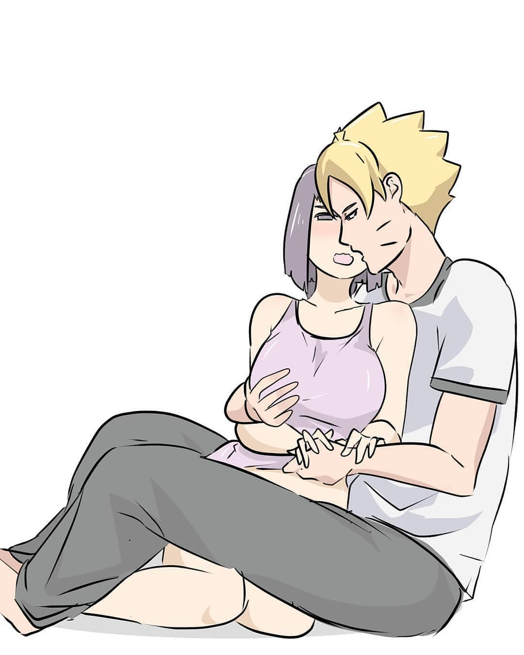 big_breasts blank_expression blonde_hair blush blushing_profusely boruto:_naruto_next_generations clothing convenient_leg grabbing_breasts grabbing_hand hand_on_breast hands_on_hands kakei_sumire looking_at_partner naruto naruto_(series) open_mouth purple_hair touching_breast undressing undressing_another undressing_partner uzumaki_boruto