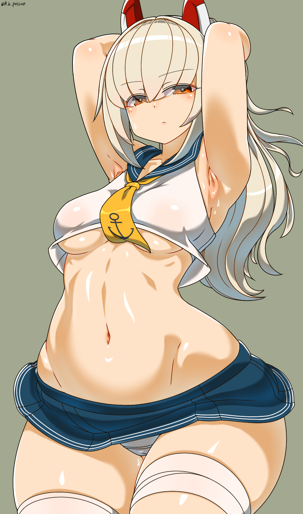 1girls abdomen armpit_crease armpits arms_behind_head ayanami_(azur_lane) azur_lane belly blonde_hair blue_skirt breasts cameltoe crop_top expressionless eyebrows eyebrows_visible_through_hair eyes_visible_through_hair female fetish groin haku_hakujou_daimaou headgear high_ponytail highres long_hair medium_breasts midriff midriff_fetish miniskirt navel neckerchief orange_eyes panties pelvis ponytail sailor_collar shiny shiny_skin showing_armpits sidelocks skindentation skirt solo stomach sweat sweatdrop sweaty_armpits sweaty_body sweaty_thighs thigh_strap thighhighs thighs underboob underwear white_panties