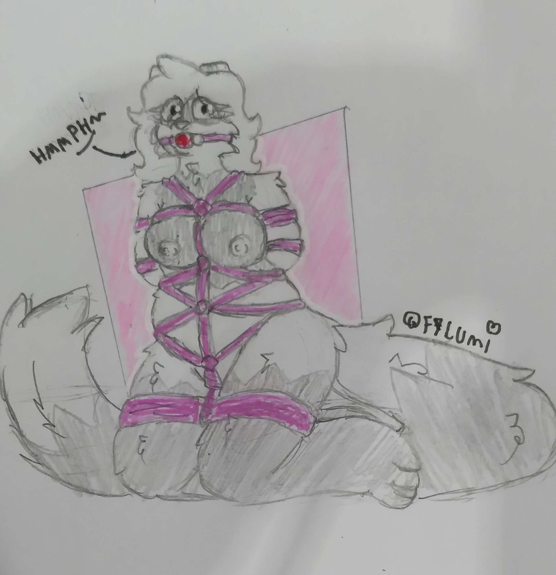 anthro ball_gag bondage bound breasts cheek_tuft domestic_ferret facial_tuft female fluffy fluffy_tail fylumi gag gagged hi_res mammal mustelid musteline nude patricia_(fylumi) pink_rope pregnant pregnant_female rope solo solo_focus tail true_musteline tuft weasel