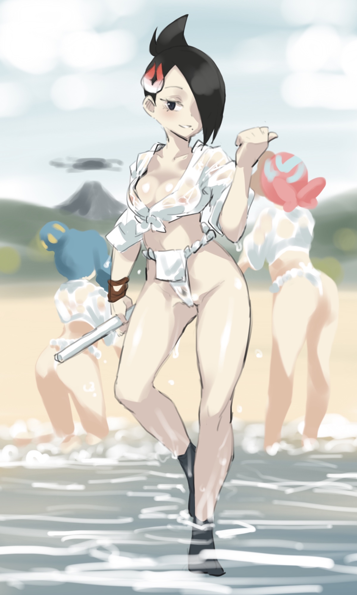 3girls, 7fukuinu, ass, black hair, blue hair, eye contact, female, female only, fundoshi, hair over one eye, looking at viewer, mai (pokemon legends), nintendo, nipples visible through clothing, palina (pokemon), pokemon, pokemon legends: arceus, sanqua (pokemon), short black hair, standing, thick thighs, thighs, wet, wet clothes, yamakasa