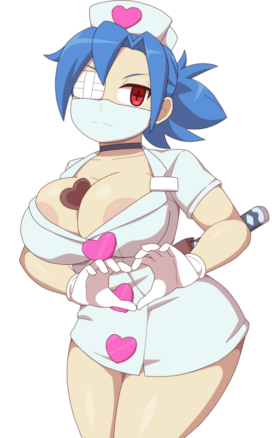 1girls, big breasts, breasts, chocolate, female, kabeume, nurse, nurse cap, nurse uniform, skullgirls, solo, standing, thick thighs, thighs, valentine (skullgirls), valentine's day, wide hips