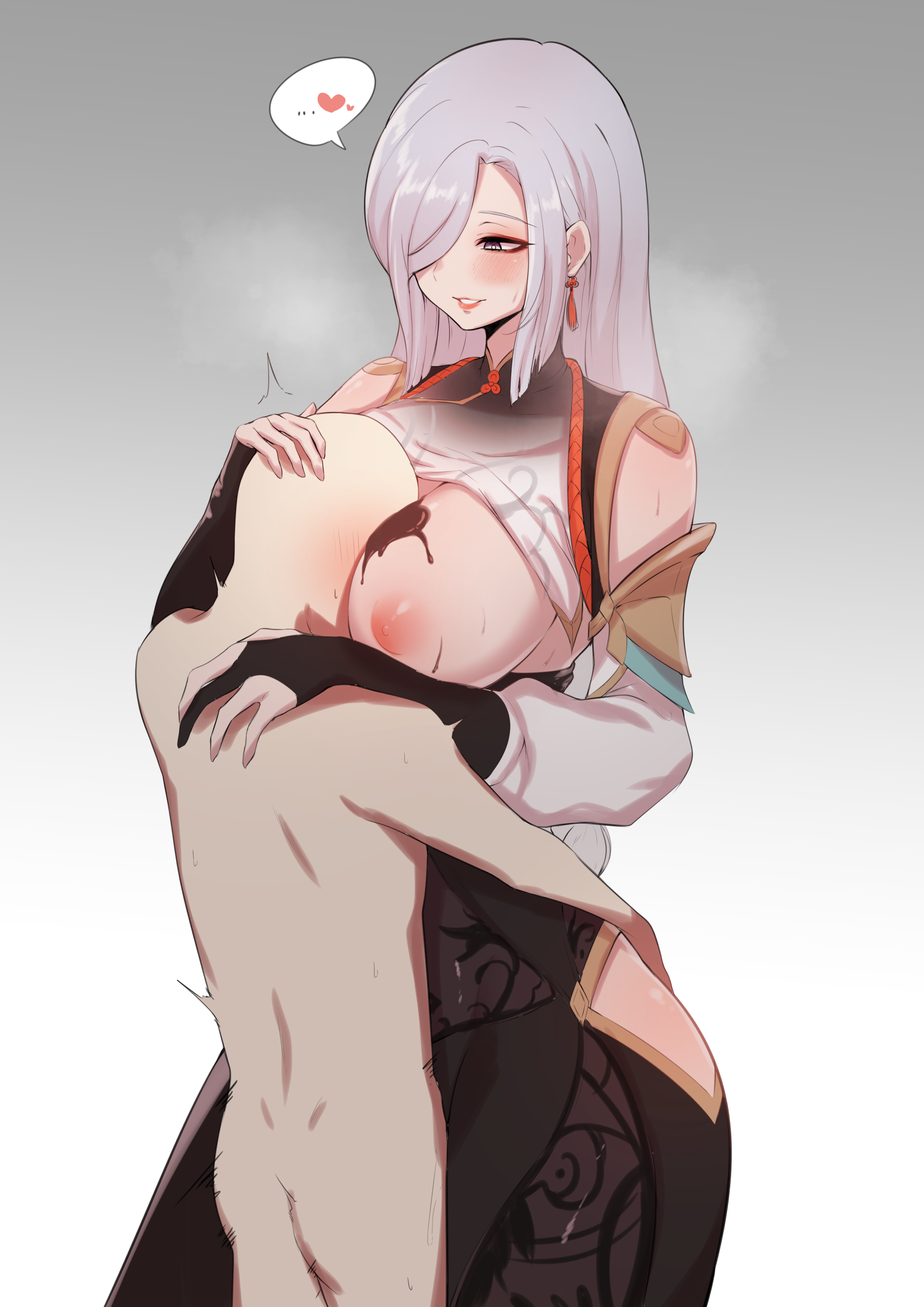 1boy, 1girls, anon, artist request, between breasts, big breasts, bodysuit, breast smother, breasts, breasts outside, chocolate, chocolate on breasts, clothed, clothed female, face between breasts, female, genshin impact, head pat, heart, hi res, hip vent, hug, large breasts, light skin, light-skinned female, male, mature female, nipples, sex, shenhe (genshin impact), smile, standing sex, sweat, taller female, white hair
