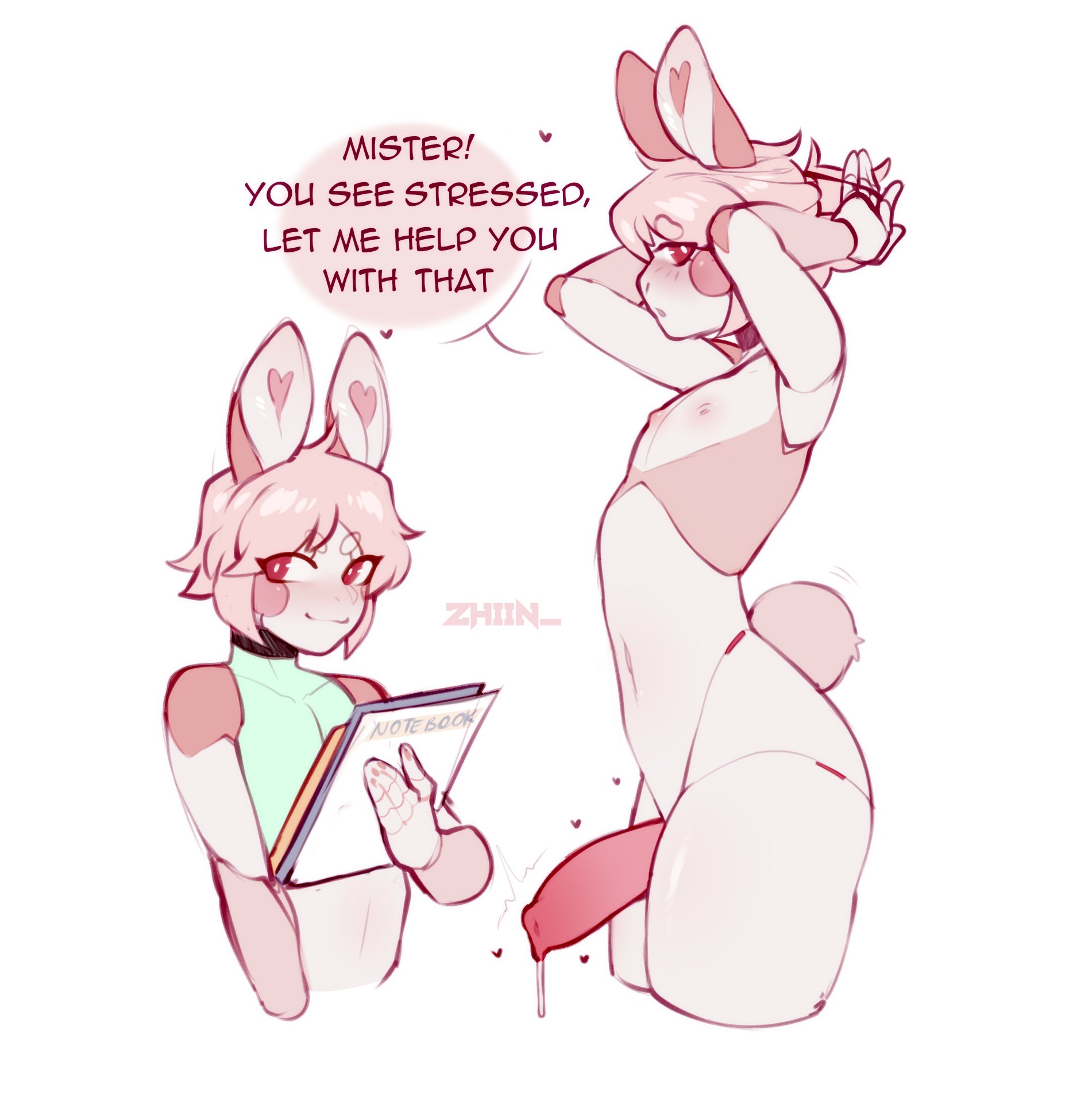 arms behind head, bunny, bunny boy, bunny ears, bunny tail, femboy, feminine male, leaking precum, looking at viewer, male, penis, precum, side view, thick penis, thick thighs, zhiin