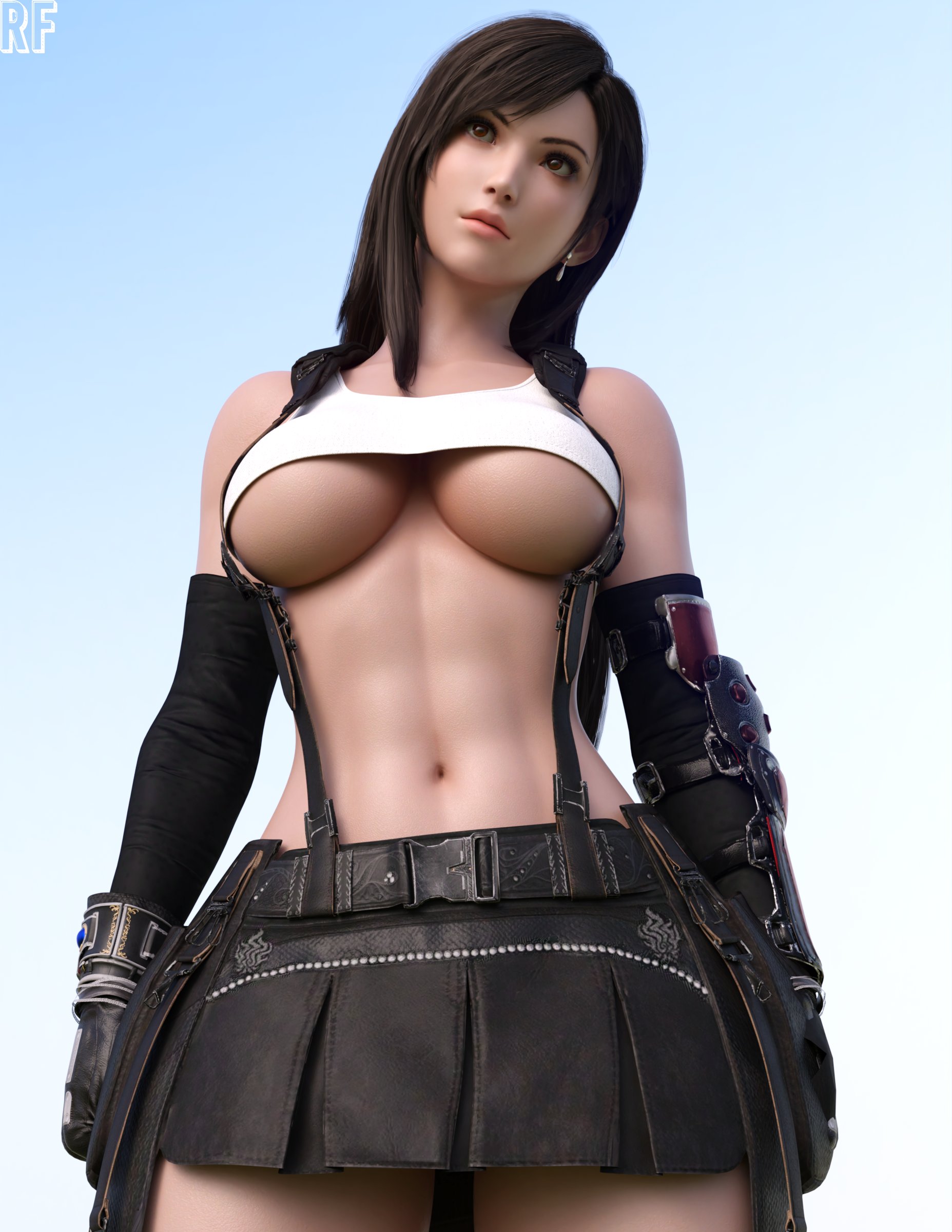 1girls, 3d, abs, absurd res, black hair, breasts, fair skin, fair-skinned female, female, female focus, female only, final fantasy, final fantasy vii, hi res, large breasts, light skin, light-skinned female, midriff, navel, red eyes, rude frog, skirt, solo, solo female, solo focus, tifa lockhart, underboob
