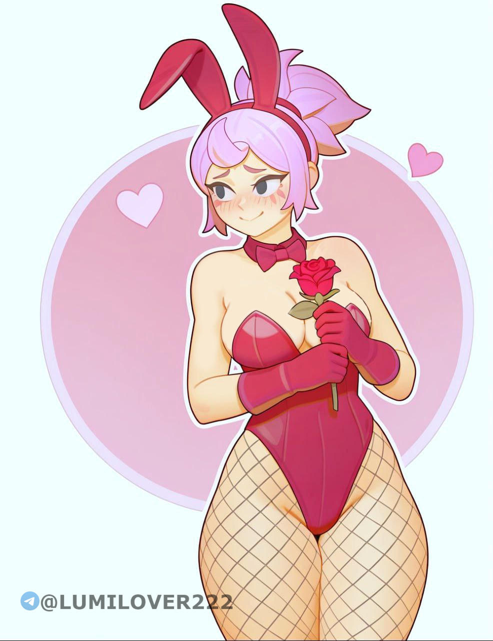 1girls, ai generated, blush, brawl stars, bunnysuit, female, fishnets, hearts, janet (brawl stars), lumilover222, pink hair, rose, simple background, solo, watermark