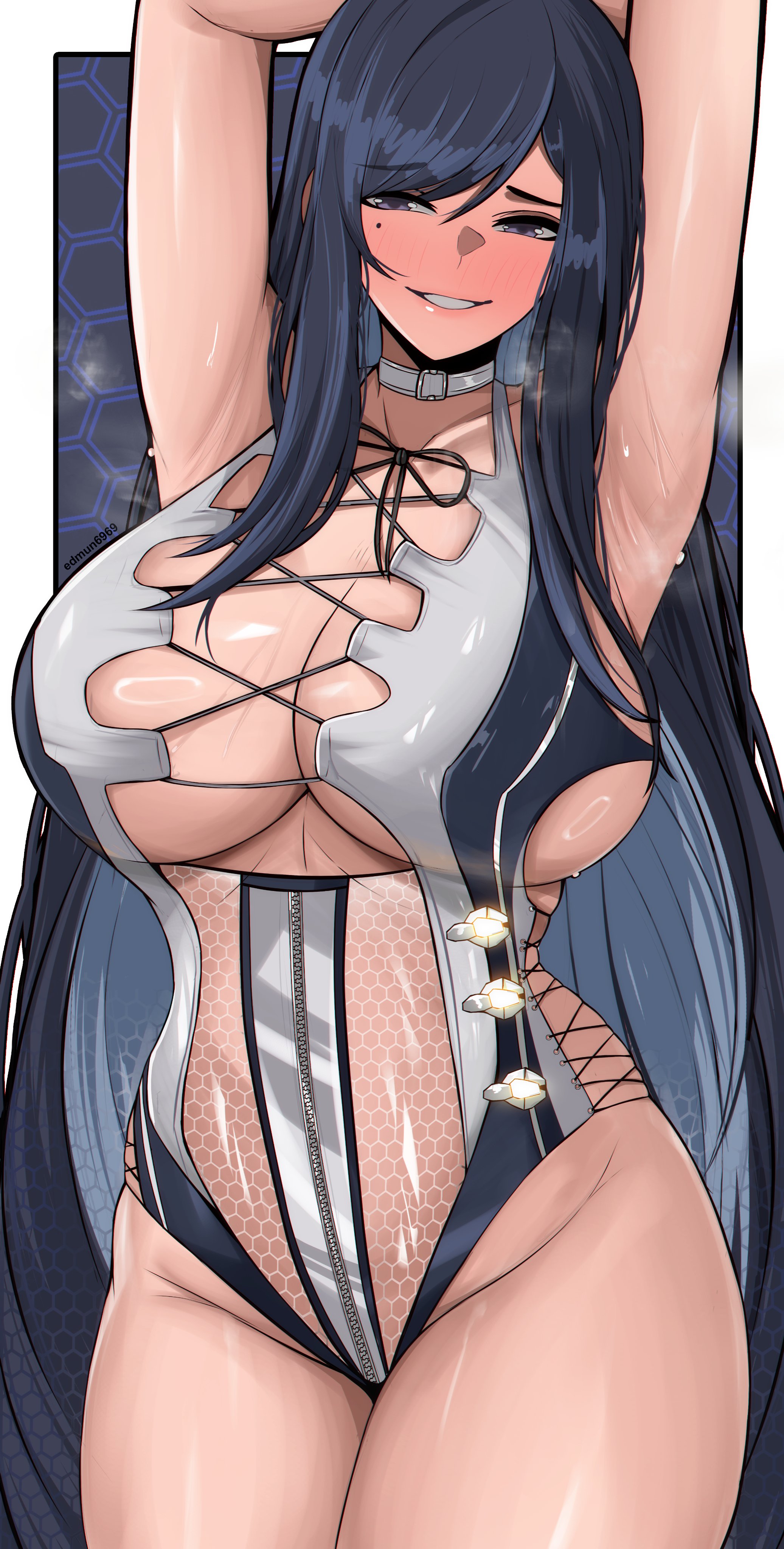 2d, armpits, arms up, black hair, blue eyes, breasts, busty, edmun, female, goddess of victory: nikke, hourglass figure, long hair, raven (stellar blade), stellar blade, tagme, wide hips