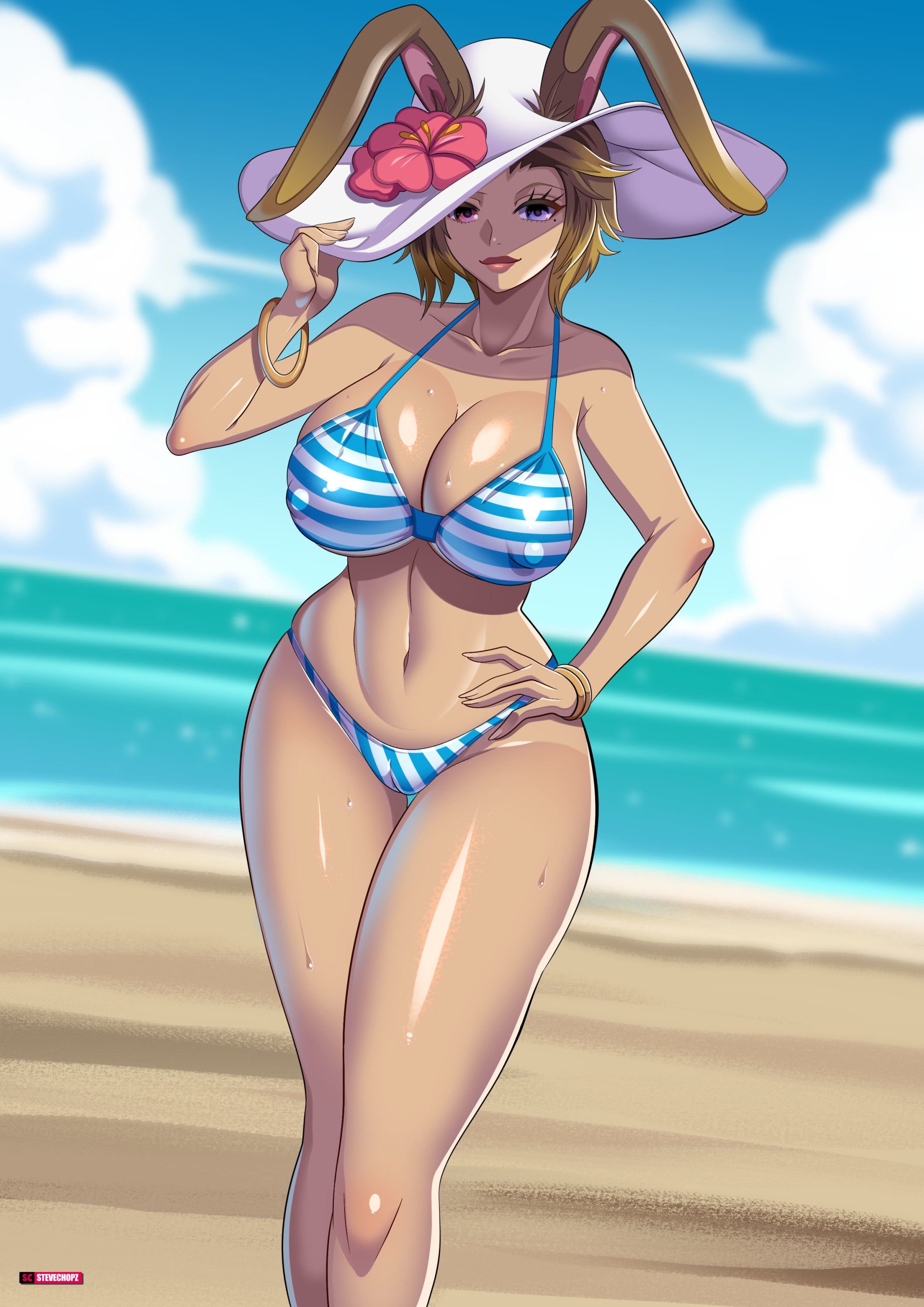 1girls, 2022, artist signature, beach, bikini, blonde hair, breasts, brown hair, bunny ears, bunny girl, commission, erect nipples, erect nipples under clothes, female, female only, final fantasy, final fantasy xiv, hand on hip, hat, heterochromia, hi res, hips, huge breasts, large hat, looking at viewer, nipples, outdoors, pink eyes, purple eyes, short hair, slim waist, square enix, stevechopz, sun hat, tall female, thick thighs, thighs, viera, wide hips