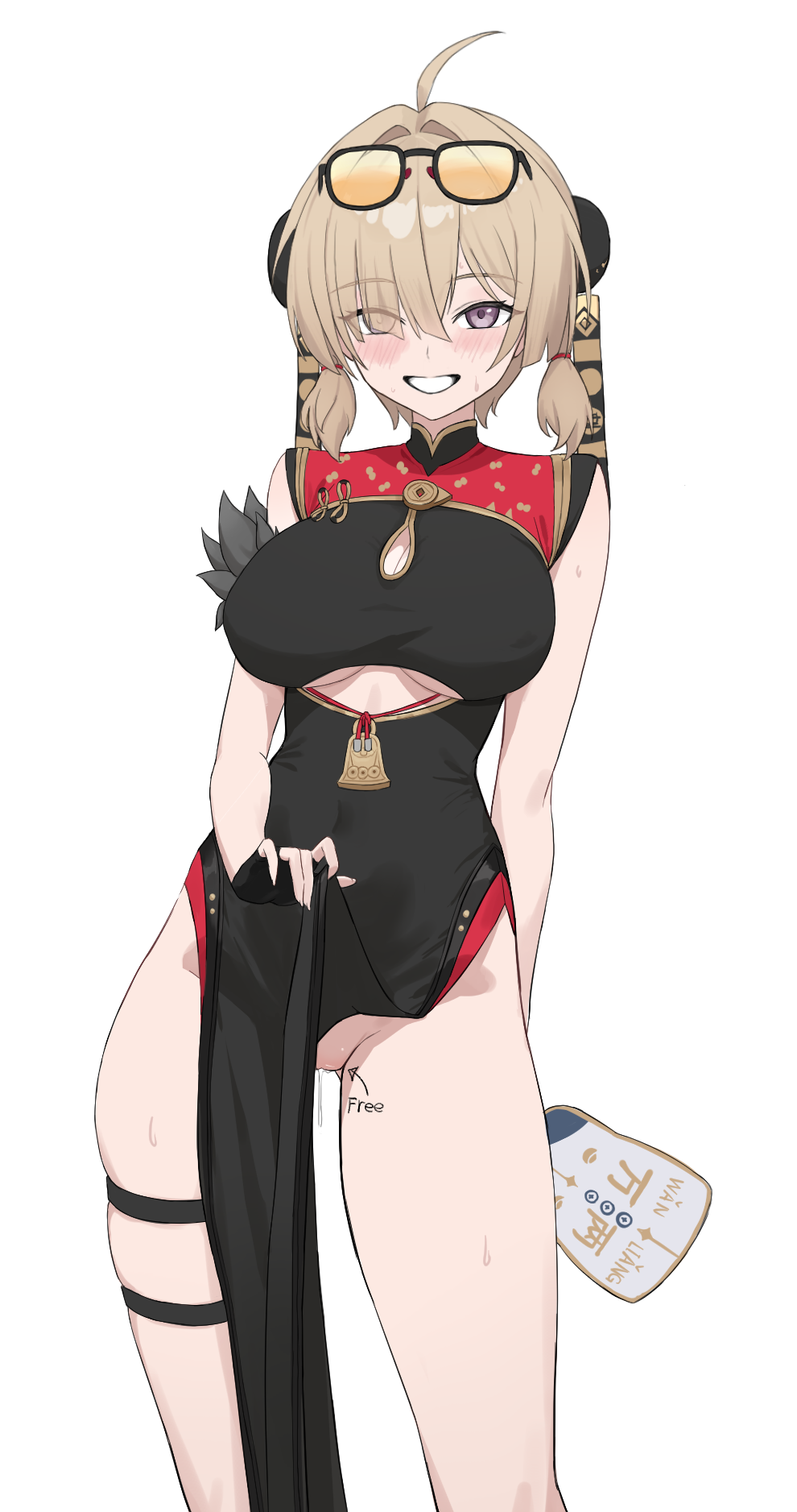ahoge black_dress blush body_writing breasts brown_hair china_dress chinese_clothes clothes_lift dress eyewear_on_head female hair_over_one_eye hand_fan highres holding holding_fan large_breasts looking_at_viewer pelvic_curtain pelvic_curtain_lift purple_eyes pussy_juice short_twintails simple_background sink_(fukasa259742) smile solo standing sunglasses sweety_(zenless_zone_zero) thigh_strap thighs tinted_eyewear twintails white_background yellow-tinted_eyewear zenless_zone_zero