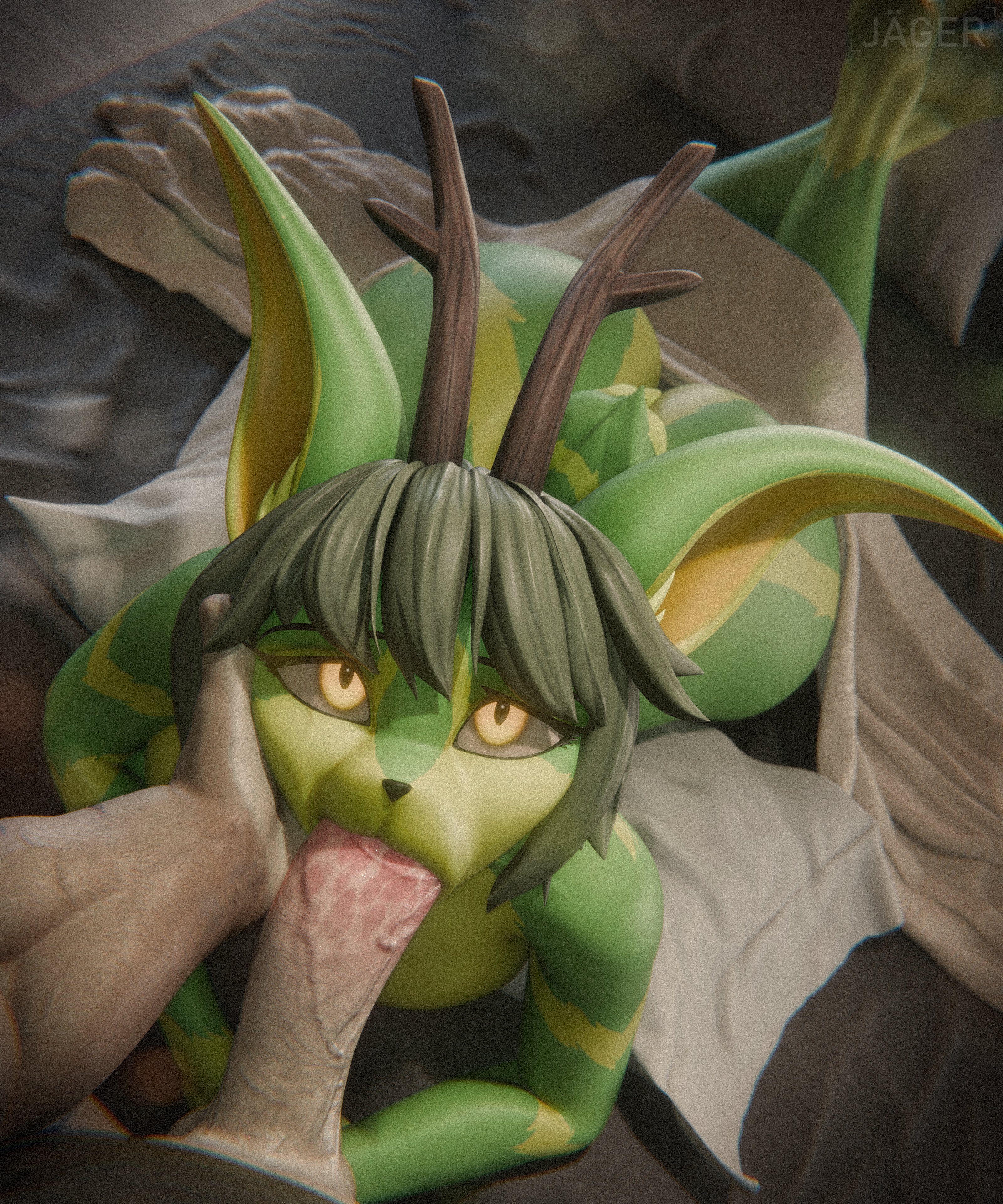 1boy, 1girls, 3d, anthro, athletic female, caressing face, fellatio, female, furry, hand on head, human, human on anthro, human penetrating, jaeger3d, light skin, light-skinned male, looking at viewer, male, natsu (natsu o3o), pov