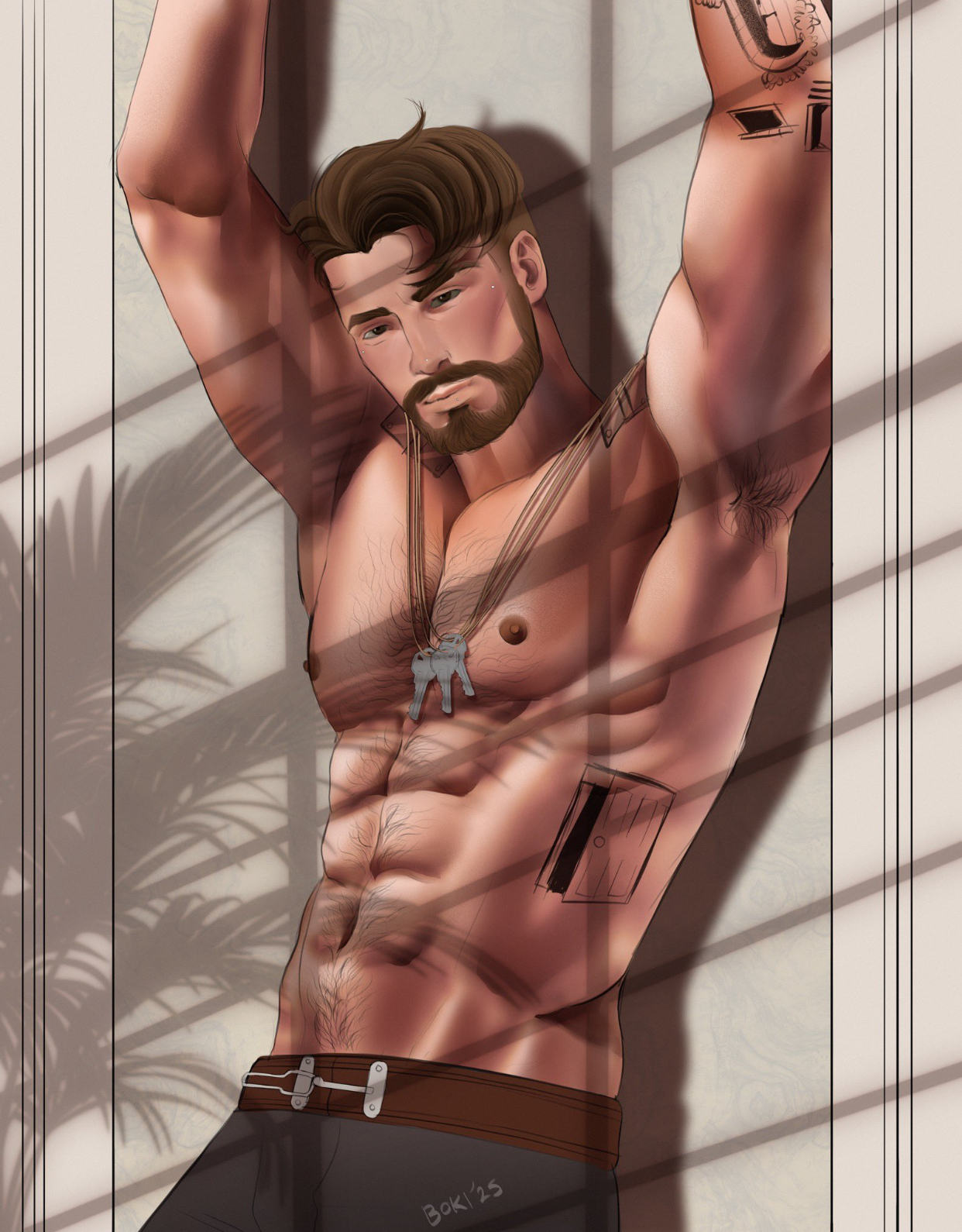 beard, biceps, body hair, brown eyes, brown hair, date everything, dorian (date everything), dorian door, happy trail, male, male only, necklace, posing, shirtless male, solo, solo male, tattoos, trap dorian